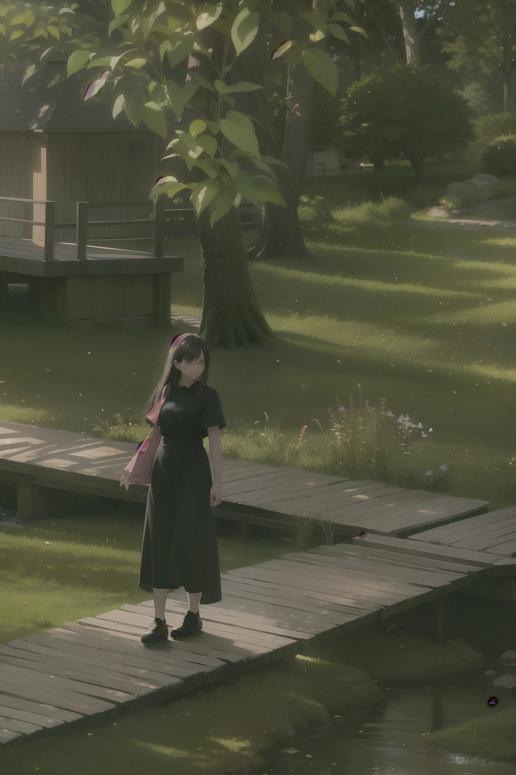 there is a young girl walking on a wooden walkway in a park, she is walking on a river, evening light, nice afternoon lighting, still from a movie, morning light, summer afternoon, walking at the garden, still from the movie, production still, sunday afternoon, morning golden hour, summer evening, late afternoon, still from l'estate, late evening