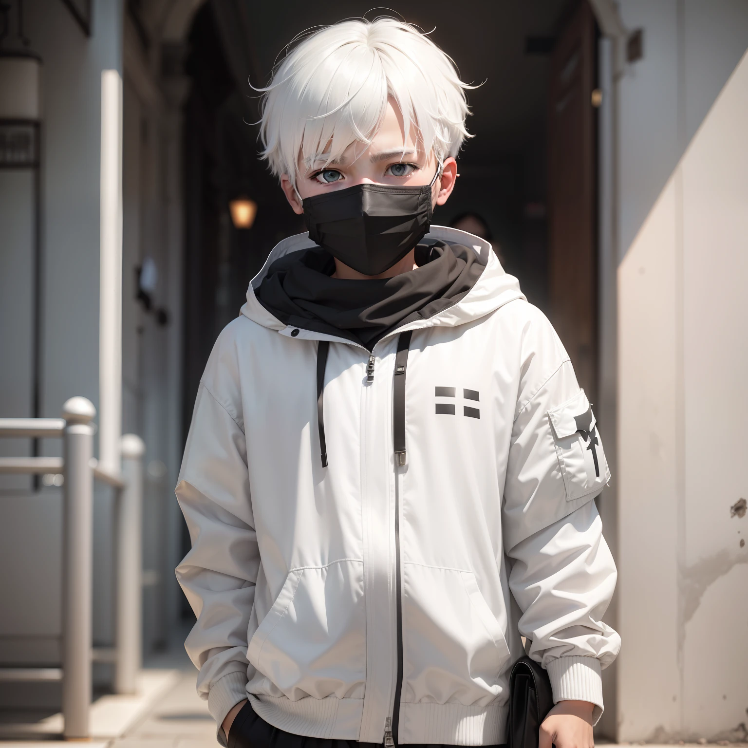 A boy wearing a mask,Calm personality,apathy,white color hair,black facemask,Indifferent staring ahead