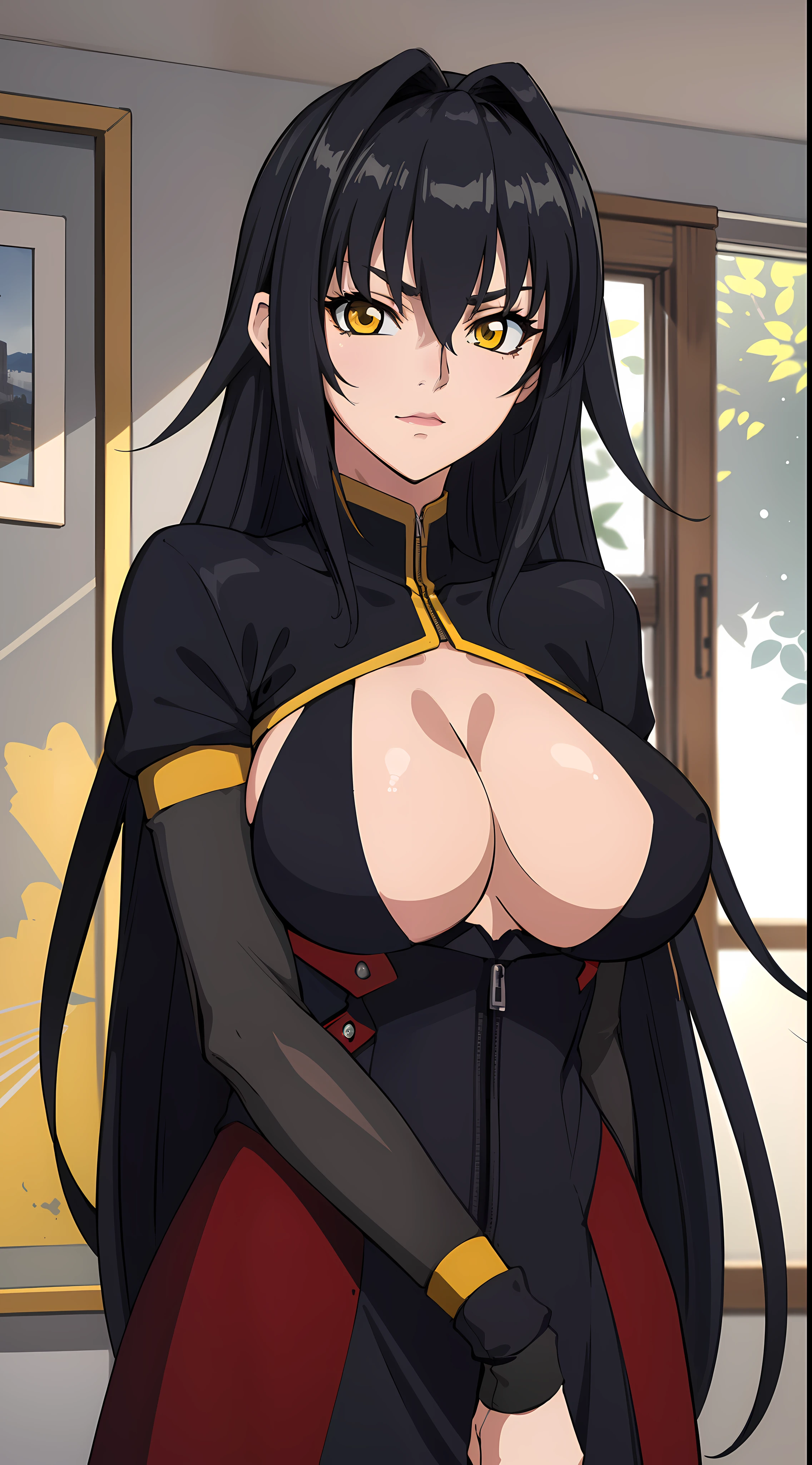 professional artwork, Intricate Details, field of view, sharp focus, detailed painting, photorealistic lighting, trending on pixiv,(masterpiece:1.0),(best_quality:1.0), ultra high res, ultra-detailed, photography, 8K, HDR, highres, absurdres:1.2, Kodak portra 400, film grain, sharp focus, bokeh:1.2, lens flare, (vibrant_color:1.2), (((indoors, dark night district))), Annerose, 1girl, female mature, ((long hair, only black hair:1.4)), (yellow eyes), large breasts, ((full dressed)), skin tight, hair intakes, (1girl:1.4, solo:1.4), (upper body, half body shot, mature body), caring expression