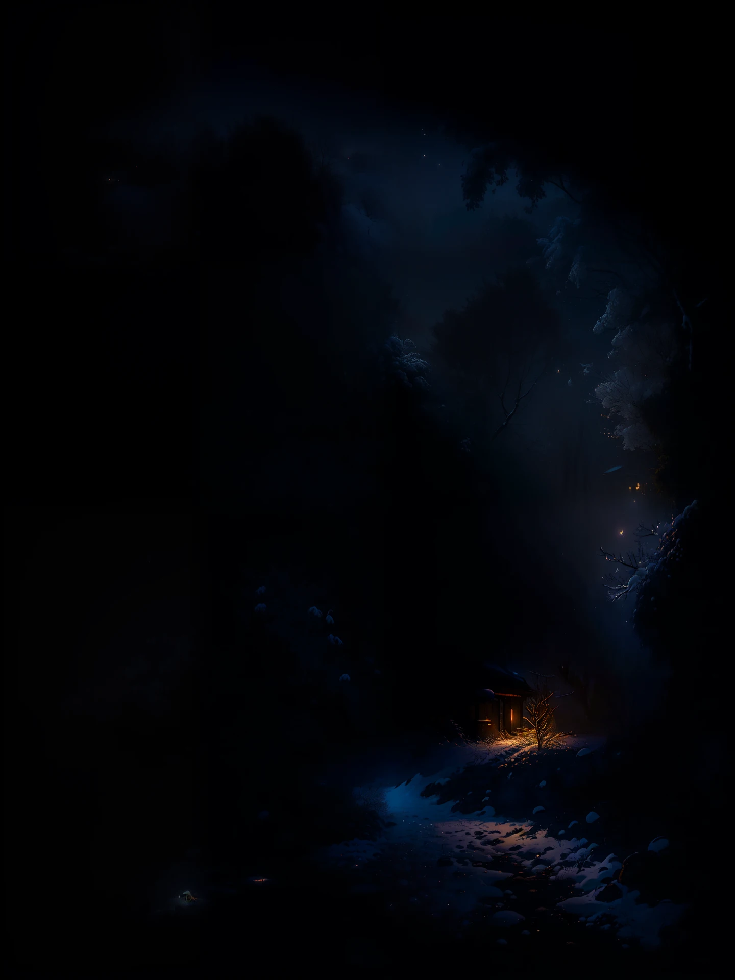 In night's embrace, snow falls light, Silence blankets, a calming sight, Darkness hushed, a tranquil space, Snowflakes dance, a gentle grace. Whispers of winter in the air, Softly falling, without a care, Night's hush and snow's pure hue, In this magical scene, dreams renew