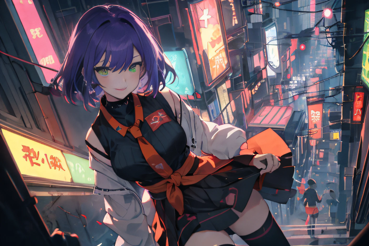 masterpiece, a drawn cartoon character dressed up in an orange and black skirt and thigh highs, 1girl, solo, thighhighs, green eyes, purple hair, school uniform, skirt, zettai ryouiki, smile, , academic city, school, students, cyberpunk, neon lights, twilight, rain