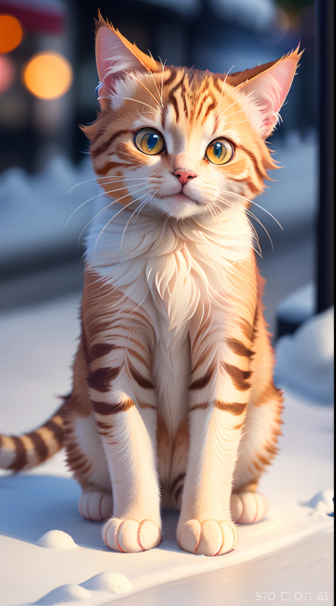 there is a cat sitting on the sidewalk in the snow, cat. digital painting, adorable digital painting, ginger cat, cute digital art, cute 3 d render, cute detailed digital art, beautiful digital artwork, realistic illustration, epic concept art. bokeh, ultra realistic 3d illustration, beautiful digital illustration, cute cat, realistic anime cat, beautiful digital art