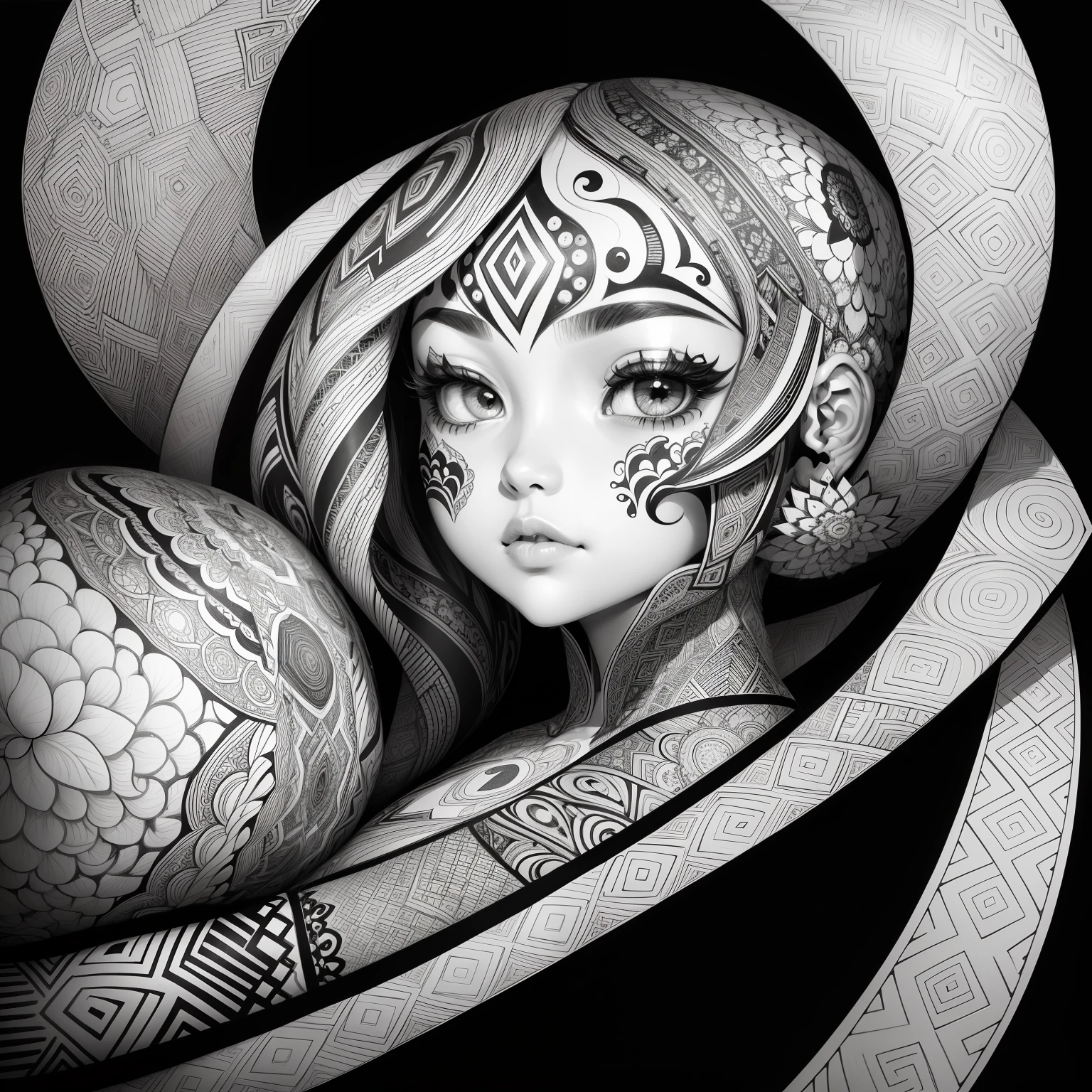 Zentangle, coloring book illustratio, black and white, fine line art, fine line drawing (brains), Eduardo Kobra acolchoamento ,multidimensional geometric PORTRAIT wall, arte, chibi,
yang08k, lindo, colorido, obras-primas, qualidade superior, melhor qualidade, arte oficial, beautiful and aesthetic,