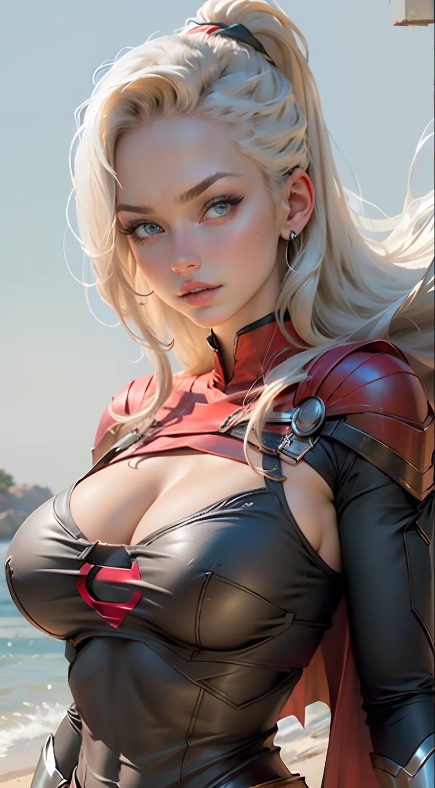 (melhor qualidade)), ((obra-prima)), ((realista)), (detalhado),  Ino Yamanaka, rosto detalhado,supergirl Linda mulher (30 anos de idade, cabelos longos caindo nos olhos e loira, olhos azuis) corpo definido, white bandages around the abdomen, capa vermelha, detalhado , Supergirl,((( huge breasts)))