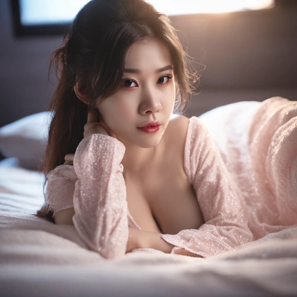 Beautiful Chinese 18 year old age girl, satin pyjamas, large breasts, photorealistic, masterpiece, on bed, blushing, smiling, aroused, cleavage, amazingly detailed face, full body shot, realistic lighting, innocent, soft features, amazing skin detail, shiny clothing, long dark hair , toned body, belly button, lipstick , (((dimly lit room, nighttime, lamplight, dark room))), erotic scene, pale skin, white skin, (realistic: 1.3), seductive, aroused, shiny fabrics, silk, satin, perfect face, beautiful face