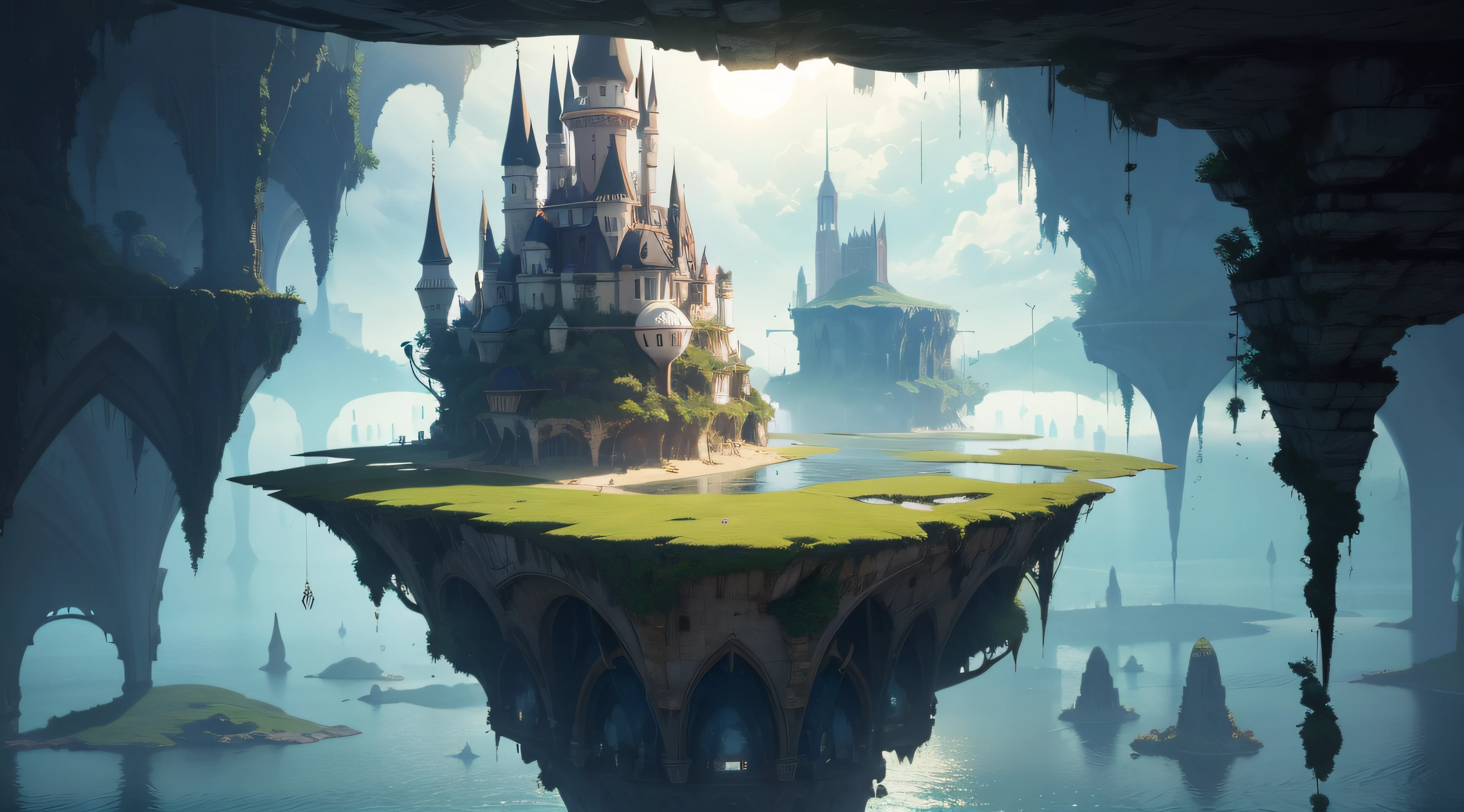 Generate a surreal scene featuring floating islands and upside-down architecture.