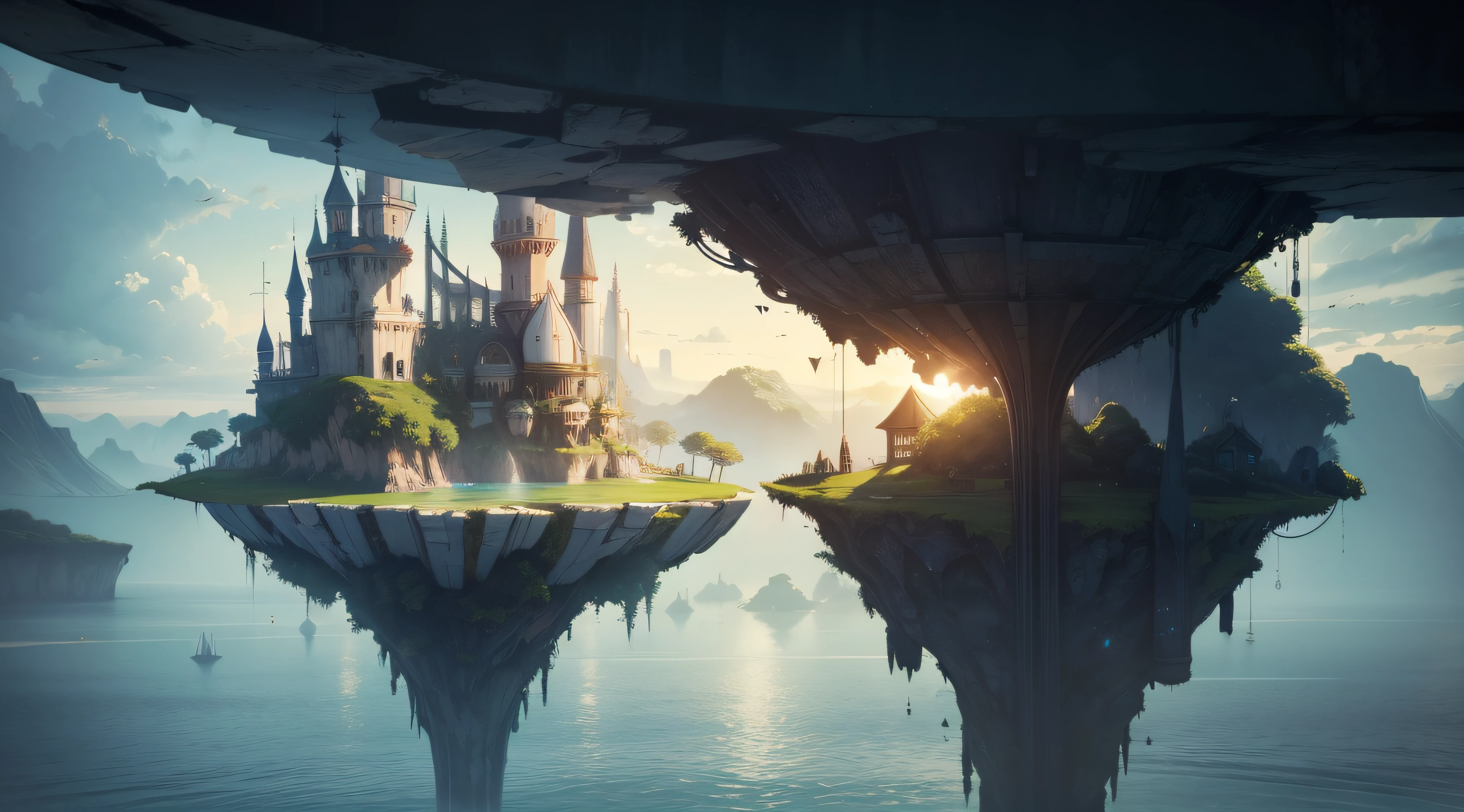 Generate a surreal scene featuring floating islands and upside-down architecture.