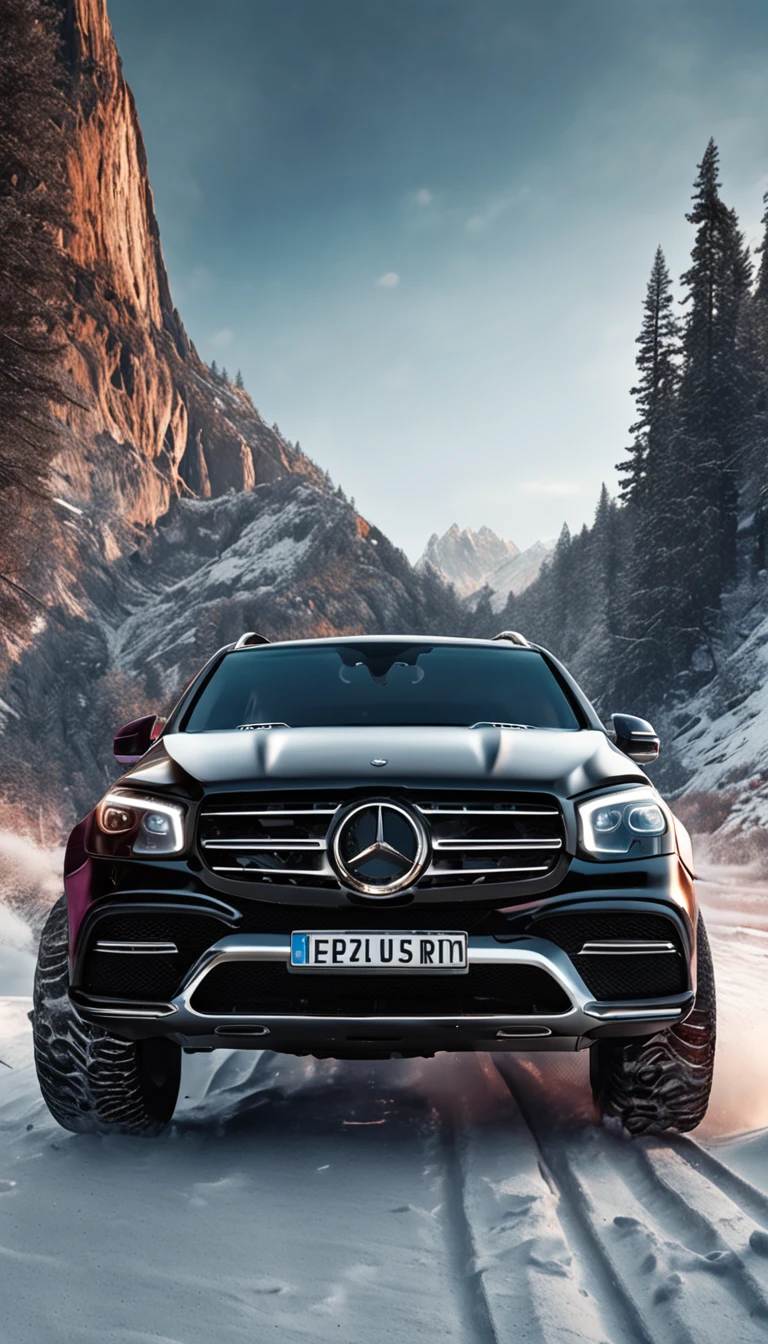 imagem hiperrealista，On the road of the snowy mountains，Drive a black Mercedes GLE off-road SUV