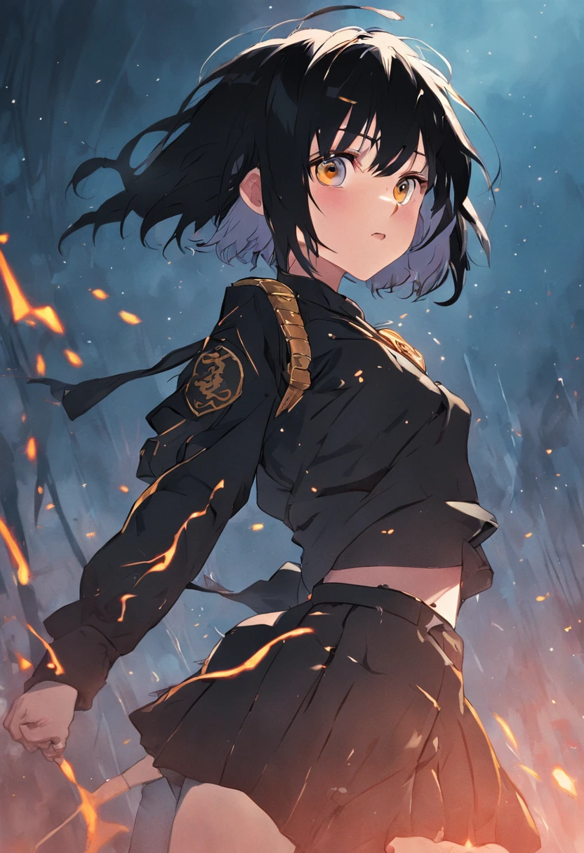 Girl with short black hair,delicated,Black pupils,Black and gold combat uniform,Armed with two short knives,There is a small scar on the left side of the face,Jump in the air,Aggressive stance,ssmile,