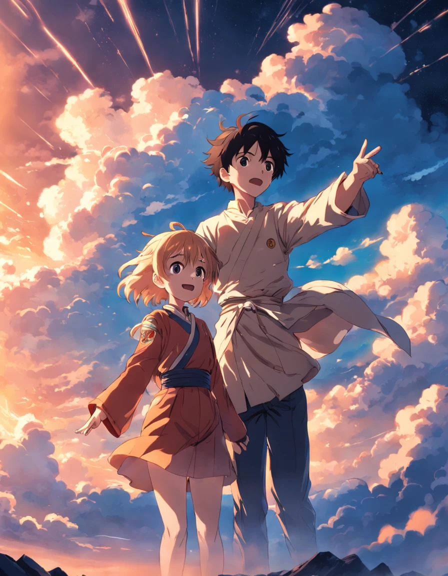 masutepiece, Best Quality, Movie Still, ((1boys)), cloud, Floating in the sky, close-up, Bright, Happy, Warm and soft lighting, Sunset, conductor, (sparks:0.7)
