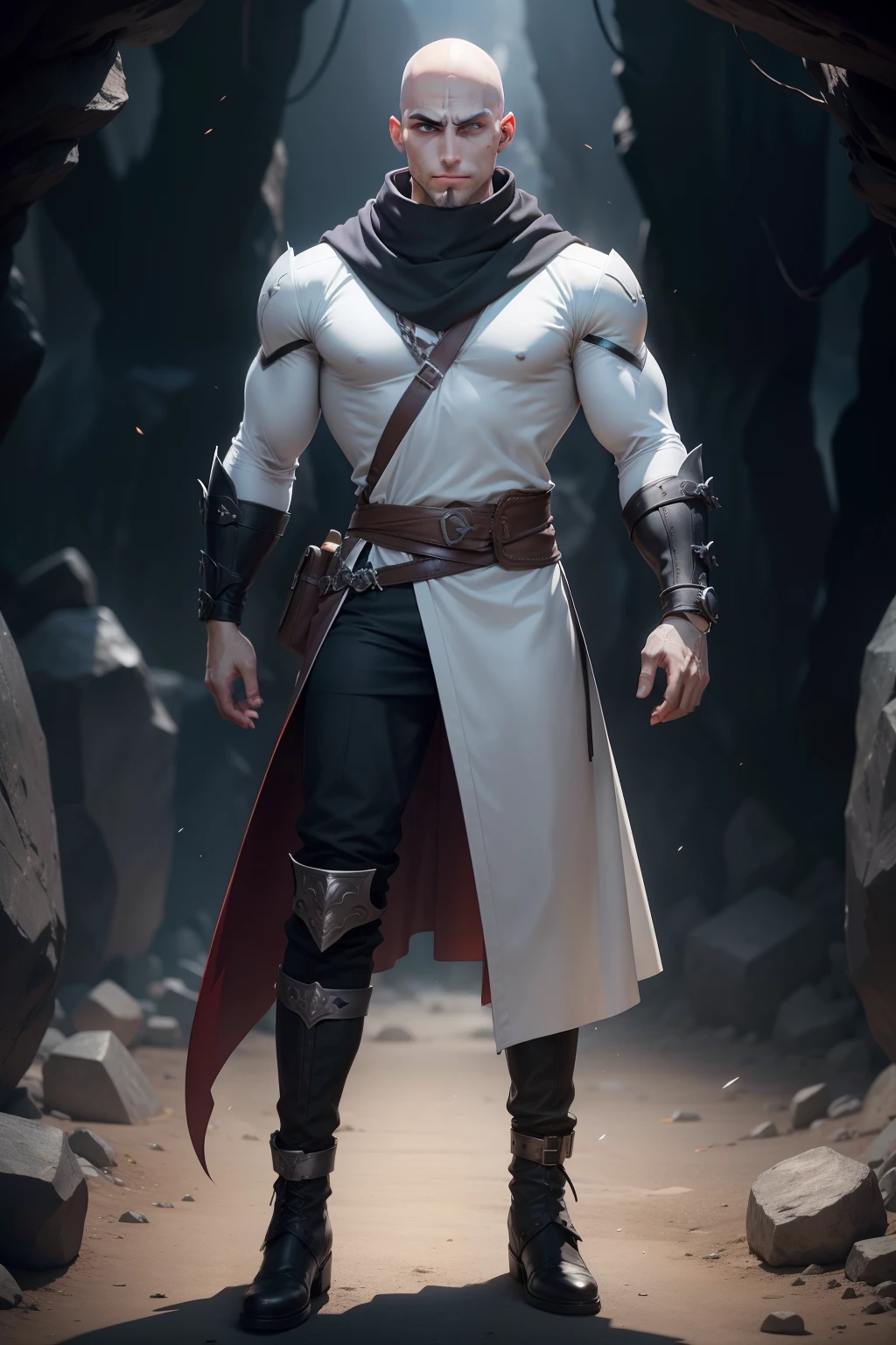 male character, gray eyes: 2:4, (((bald))), white face scars horizontally across forehead, heavy gray scarf, black trickster outfit, smirk, black boots, in a cave with scattered treasures, anime style , dynamic, full length, animation quality, anime icon, new jersey, looking at face camera, 8k, full length, best background, raw art, awesome titles, ultra HD, insane title, perfect hands