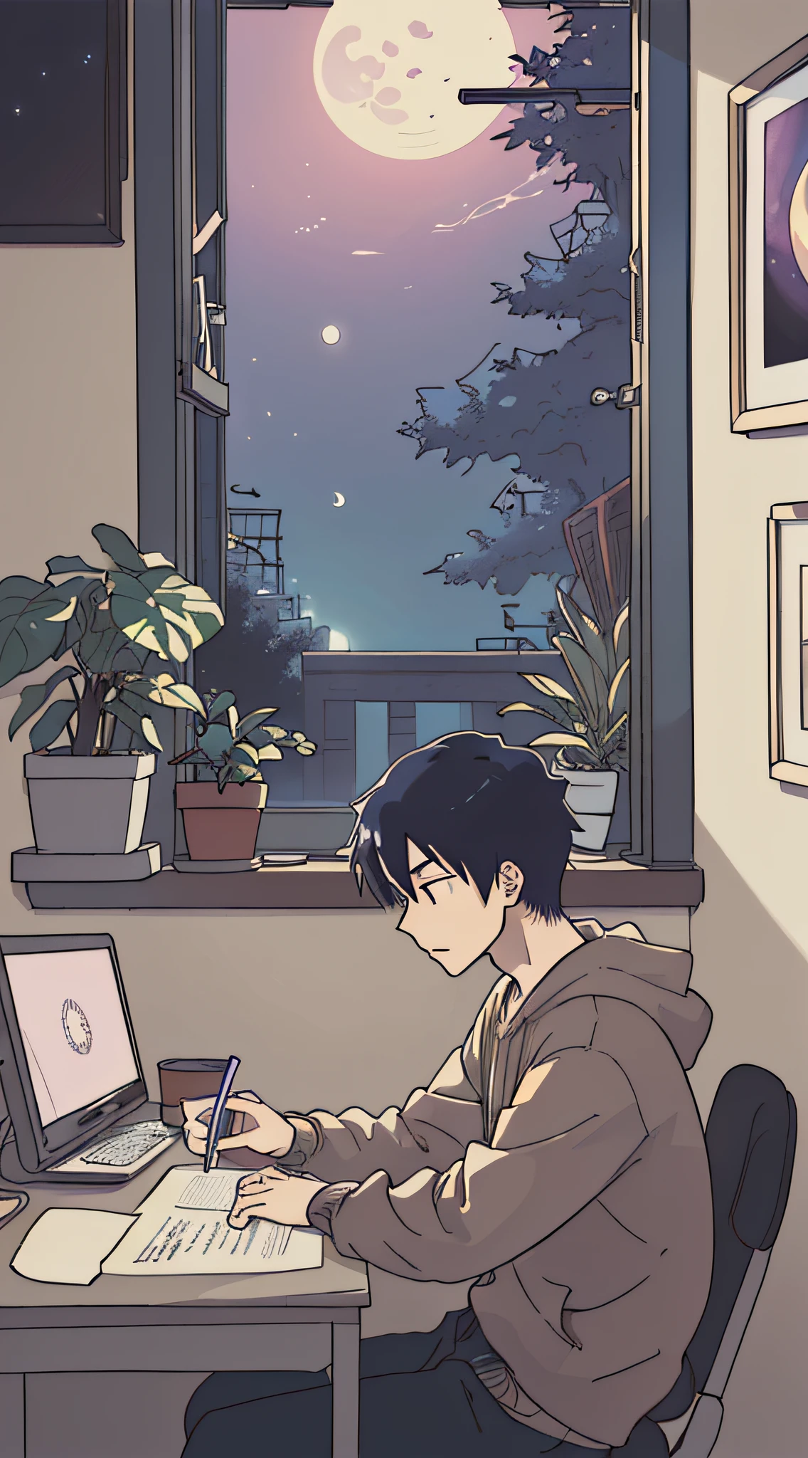(masutepiece:1.5, Best Quality:1.5), ((Vaporwave Style, partially coloring)),In a cozy apartment, Boy studying alone diligently at desk,dim room,Stylish warm lighting, Coffee on the desk,I can see the moon from the window,Room decorated with plants