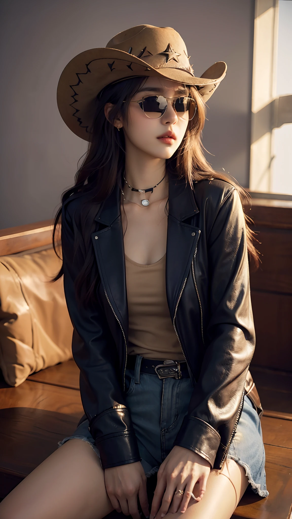 4k hltra hd, mastermiece, best quality, a girl, good face, sun glasses, detailed lips, long hair, strait hair, wearing cowboy outfit, blue leather jacket, cowboy hat, blurred background, morning, sitting, whole body capture,