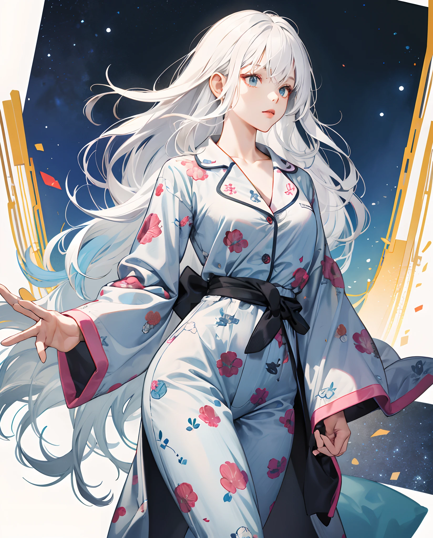 s girl,White hair,Long hair and waist,Anterior convex and posterior,pyjamas