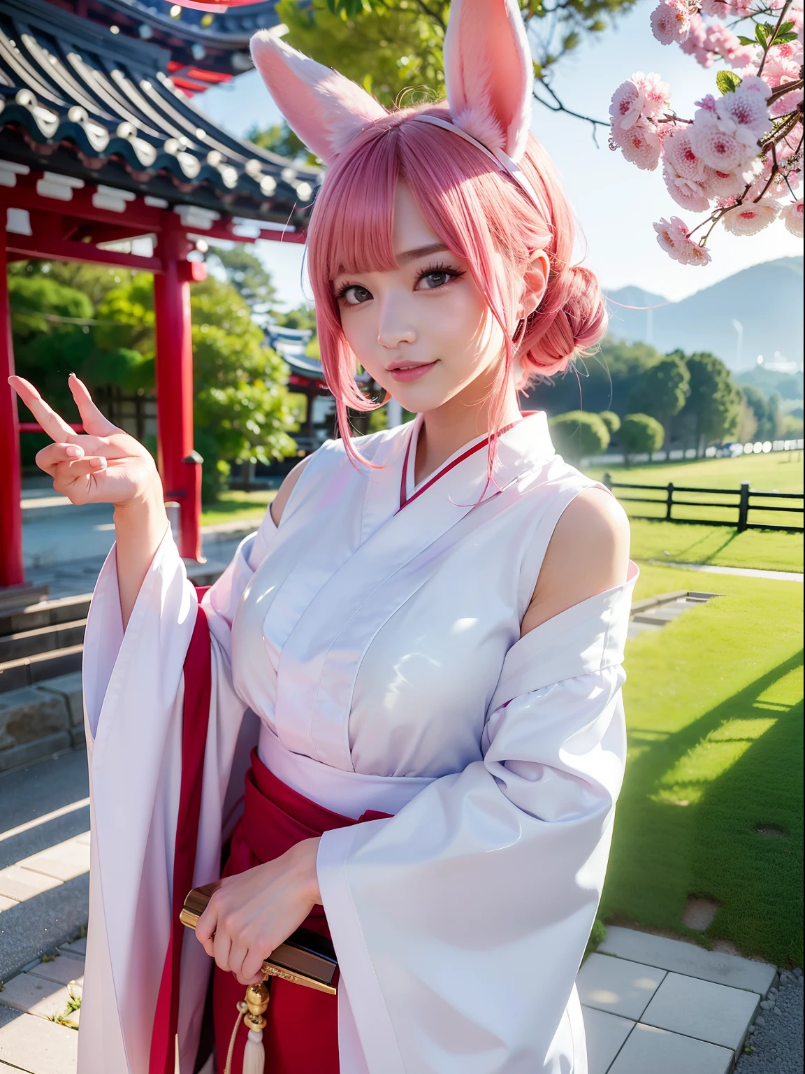 <lora:shenzi_20:0.9>,pink hair,masterpiece,extremely detailed,CG,2k wallpaper,Amazing,finely detail,extremely detailed CG unity 8k wallpaper,huge filesize,ultra-detailed,shenzi,1 girl,cosplay,Yaeko Nogi (Tokyo 7th Sisters),bright smile,confident eyes,(long flowing hair:1.1),traditional shrine maiden outfit,red and white colors,tied-up hair,red ribbon,cherry blossom petals,torii gate background,holding a sacred staff,elegant posture,focused expression,outdoor shrine setting.,