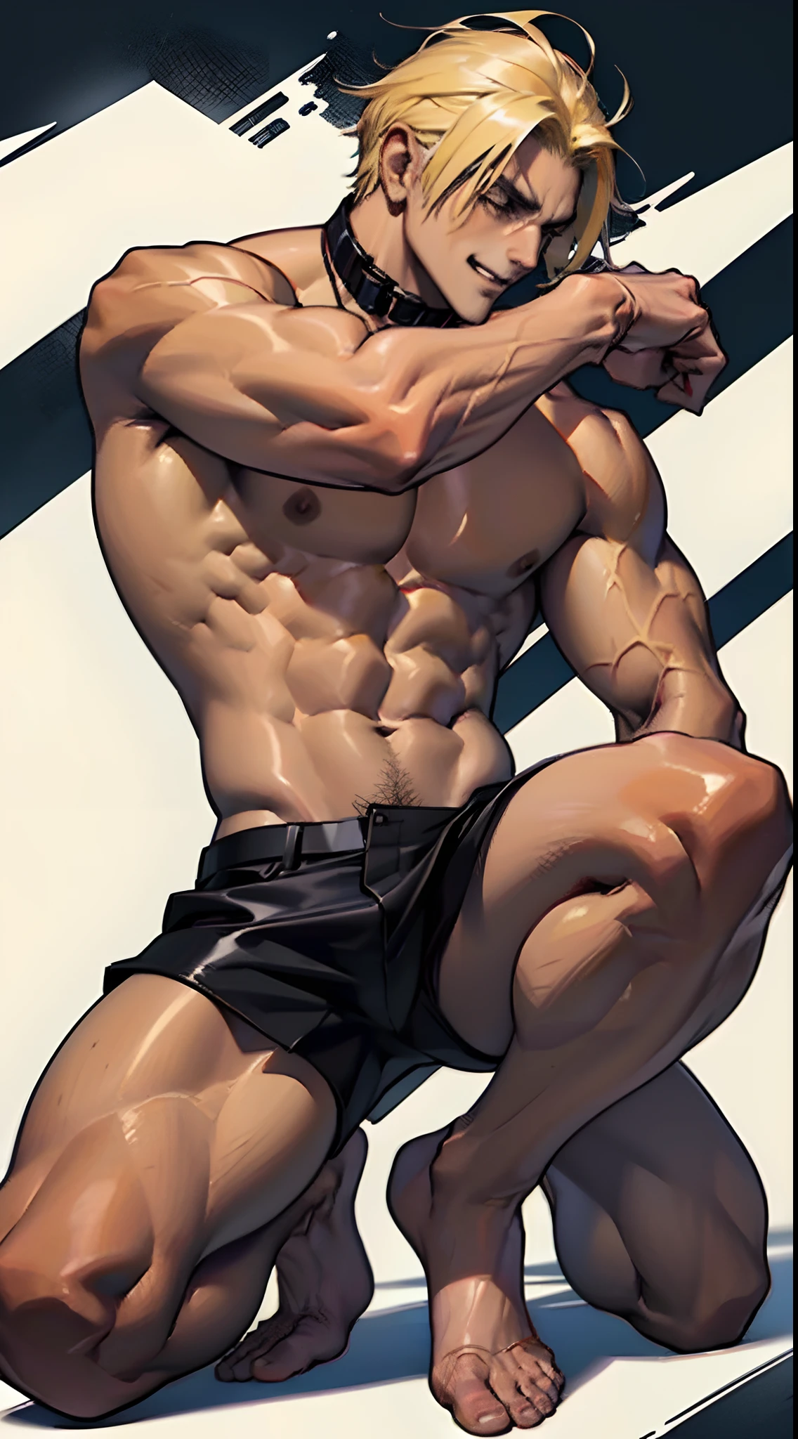 1male people, Shen Yu, ((Golden hair)), musculature, (((((nakeness))))), (((Solo))), The, Full body like, Handsome, Tall, chest muscle, Abs, Biceps, Collar, Thigh muscles, ((((Legs are bare from thighs to toes))))), Black background, (((Bust))), short detailed hair, (Glossy glossy skin:1.5), Dutch angle, three sided view, tachi-e, Best quality, Anatomically correct，big laughter，kneels on the ground