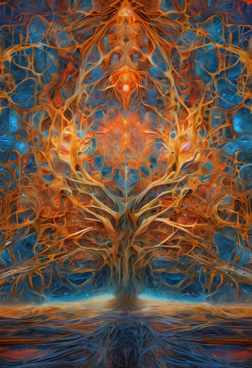 Beautiful symmetrical full body photo painted in oil with thick brushstrokes and wet paint, Fibonacci, golden ratio, melted wax, visible brushstrokes, surrounded by crystal spheres, 3D tessellation wireframe, neural graphic, neurons, tree of life, color, love, passion, oil on canvas, thick brushstrokes, insanely detailed, 8k uhd, masterpiece, artstation, surreal