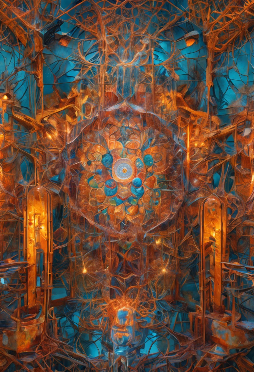 Beautiful symmetrical full body photo painted in oil with thick brushstrokes and wet paint, Fibonacci, golden ratio, melted wax, visible brushstrokes, surrounded by crystal spheres, 3D tessellation wireframe, neural graphic, neurons, tree of life, color, love, passion, oil on canvas, thick brushstrokes, insanely detailed, 8k uhd, masterpiece, artstation, surreal