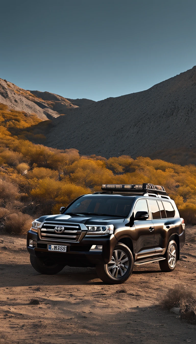 imagem hiperrealista，On the road of the snowy mountains，Drive a black Toyota Land Cruiser SUV