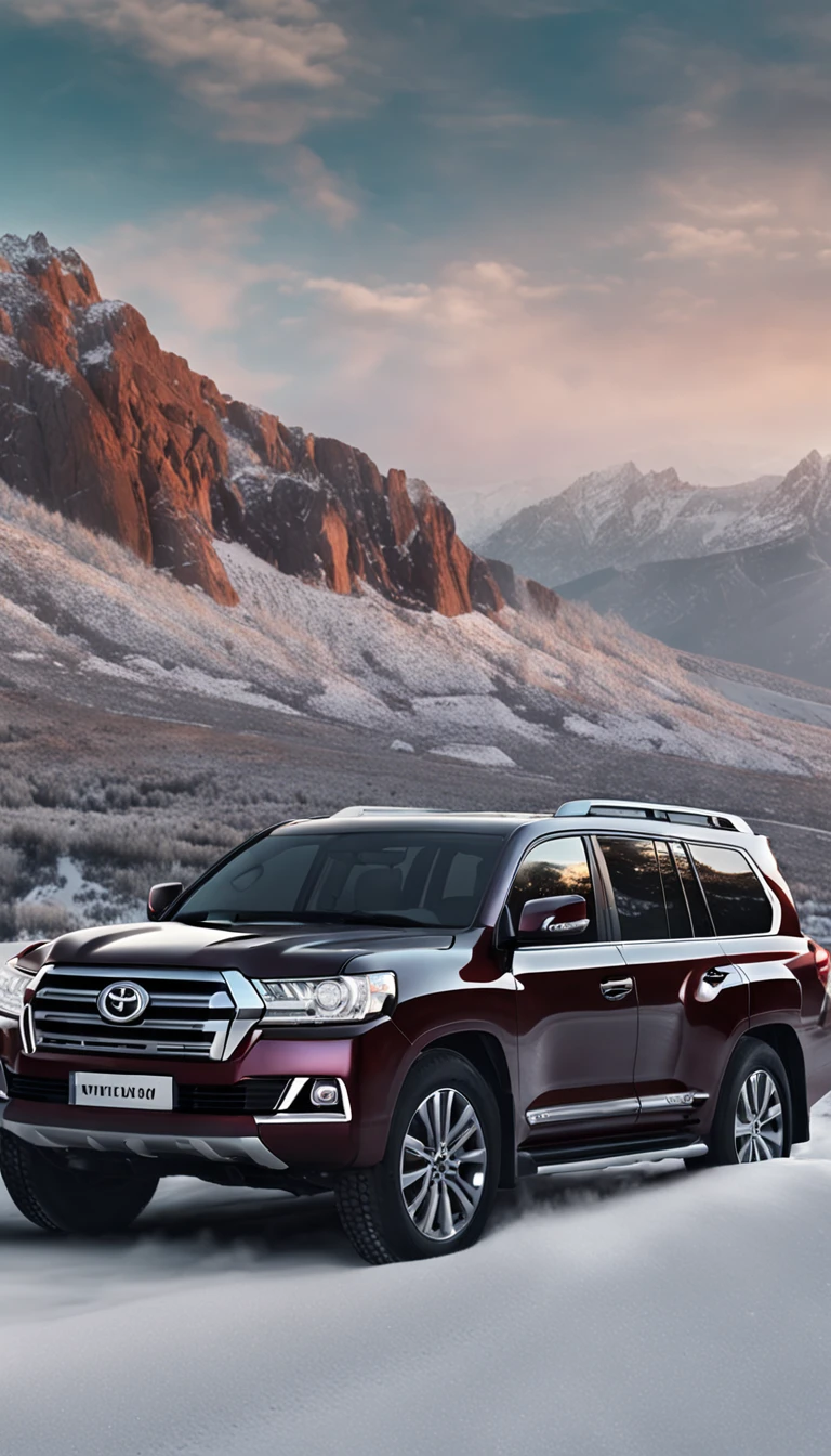 imagem hiperrealista,On the road of the snowy mountains,Drive a black Toyota Land Cruiser SUV