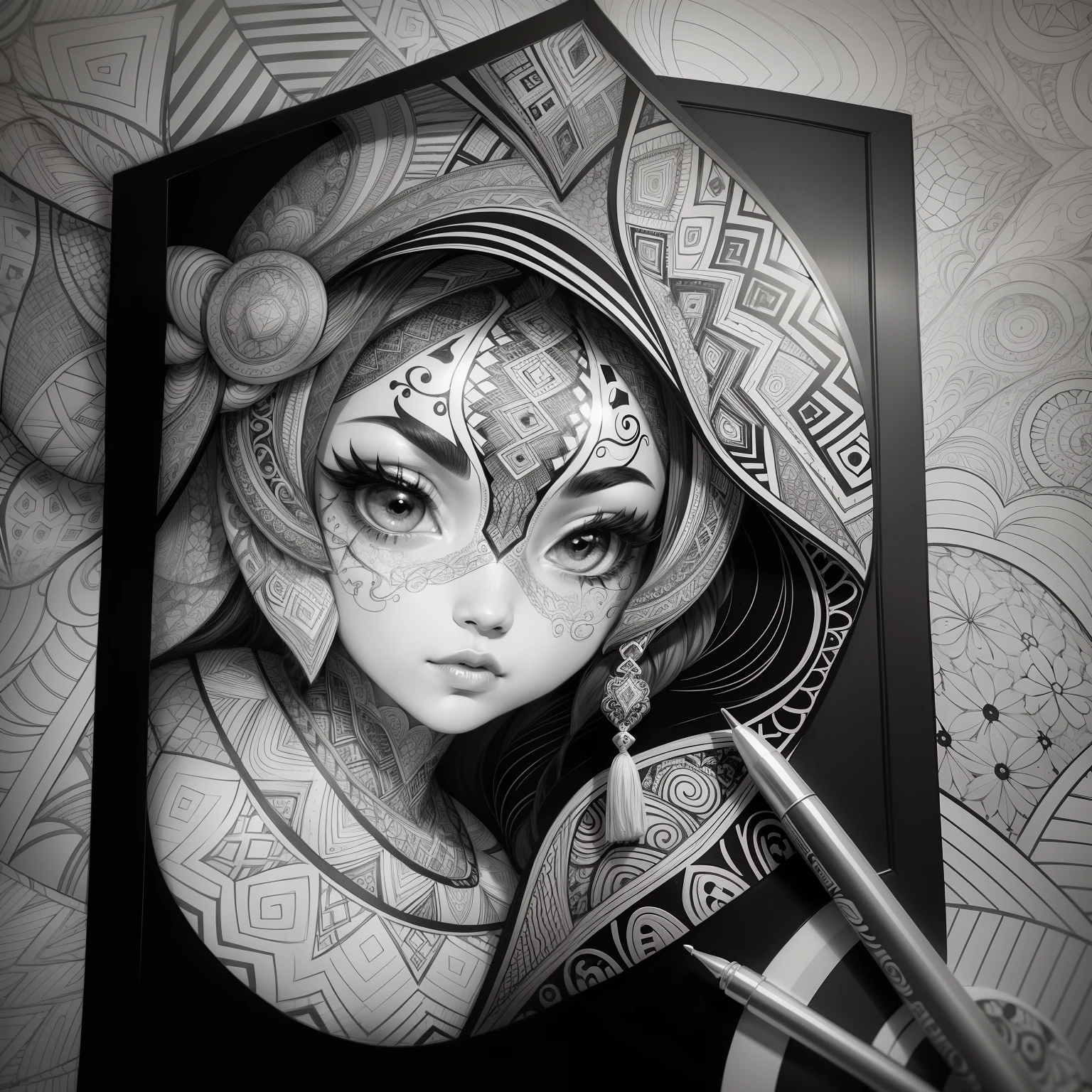 Zentangle, coloring book illustratio, black and white, fine line art, fine line drawing (brains),  Eduardo Kobra acolchoamento ,multidimensional geometric PORTRAIT wall, arte, chibi,
yang08k, lindo, colorido, obras-primas, qualidade superior, melhor qualidade, arte oficial, beautiful and aesthetic,