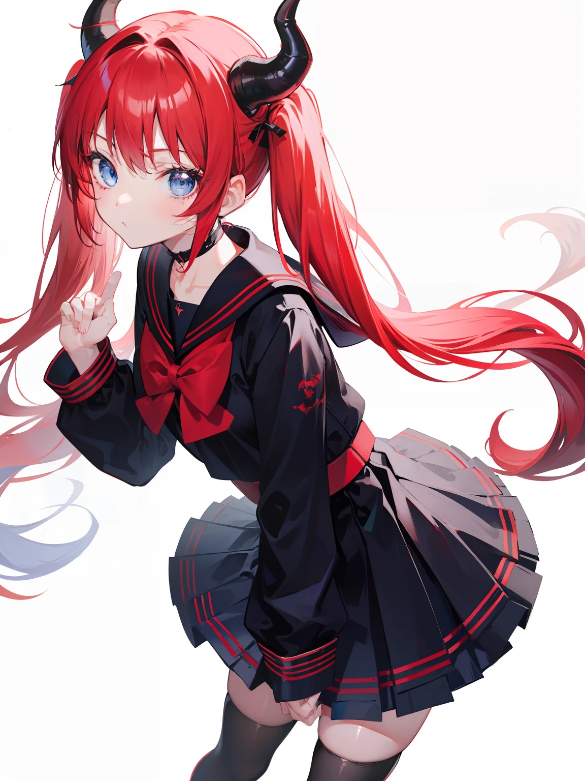 red hair, blue eyes, twintails, Sailor suit,black coat, Pleated skirt,solo,li,cute,bow,Dragon horns