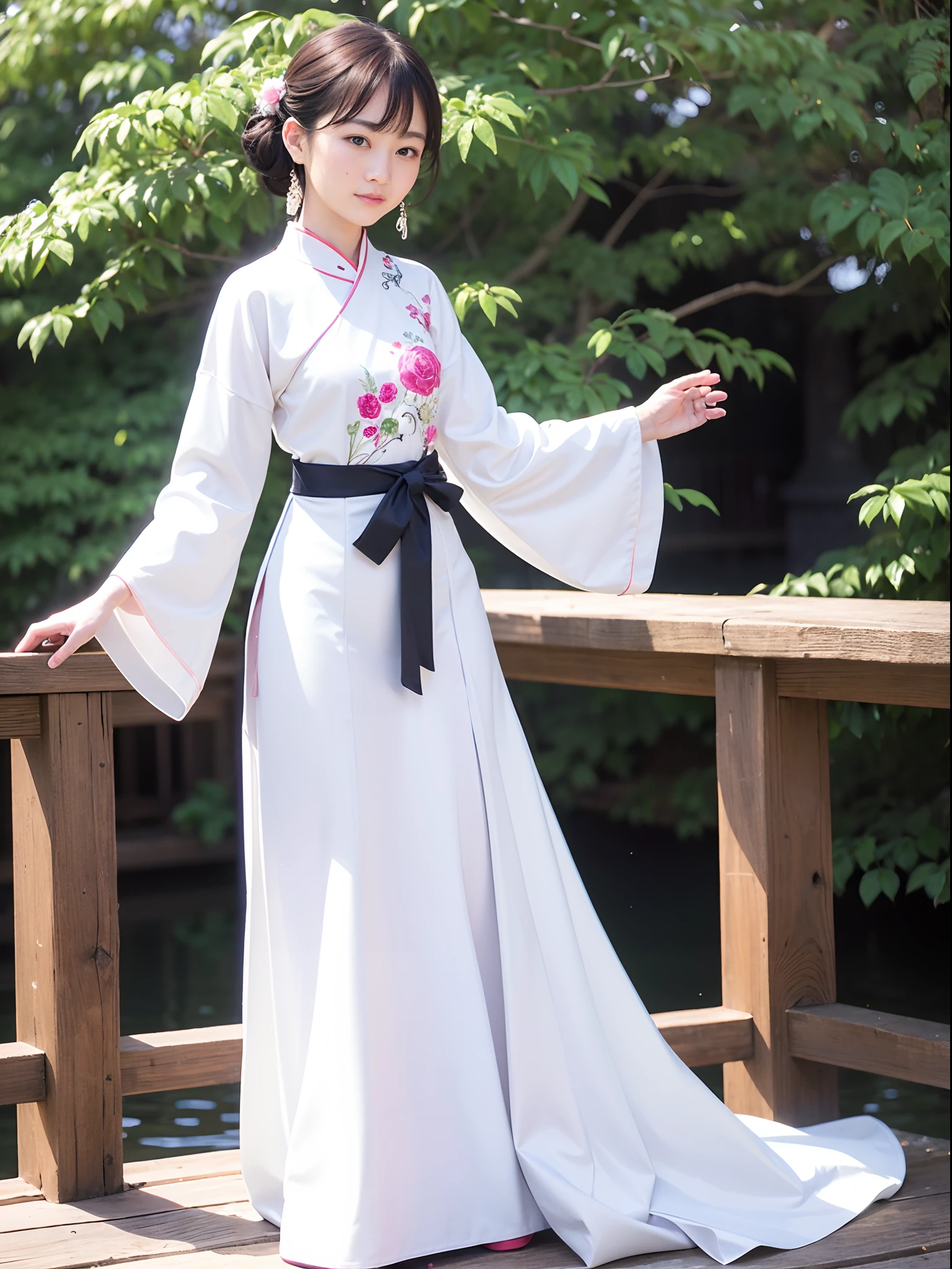 small bridge flowing water，On the bridge deck stood a woman dressed in Chinese clothing。。。。。。。，Delicate facial features，In exuberant spirits，hyper HD。