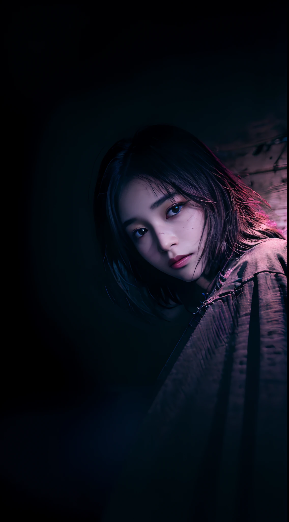 (RAW photo, best quality), (realistic, photo-realistic:1.2), 1girl, high quality, (high detailed skin:1.4), puffy eyes, gorgeous hair, teal and purple cinematic lit,(dark room:1.3), (rim lighting:1.3), (dimly lit:1.3), (dark night:1.3), indoors, portrait, black hair, dark background, short hair,