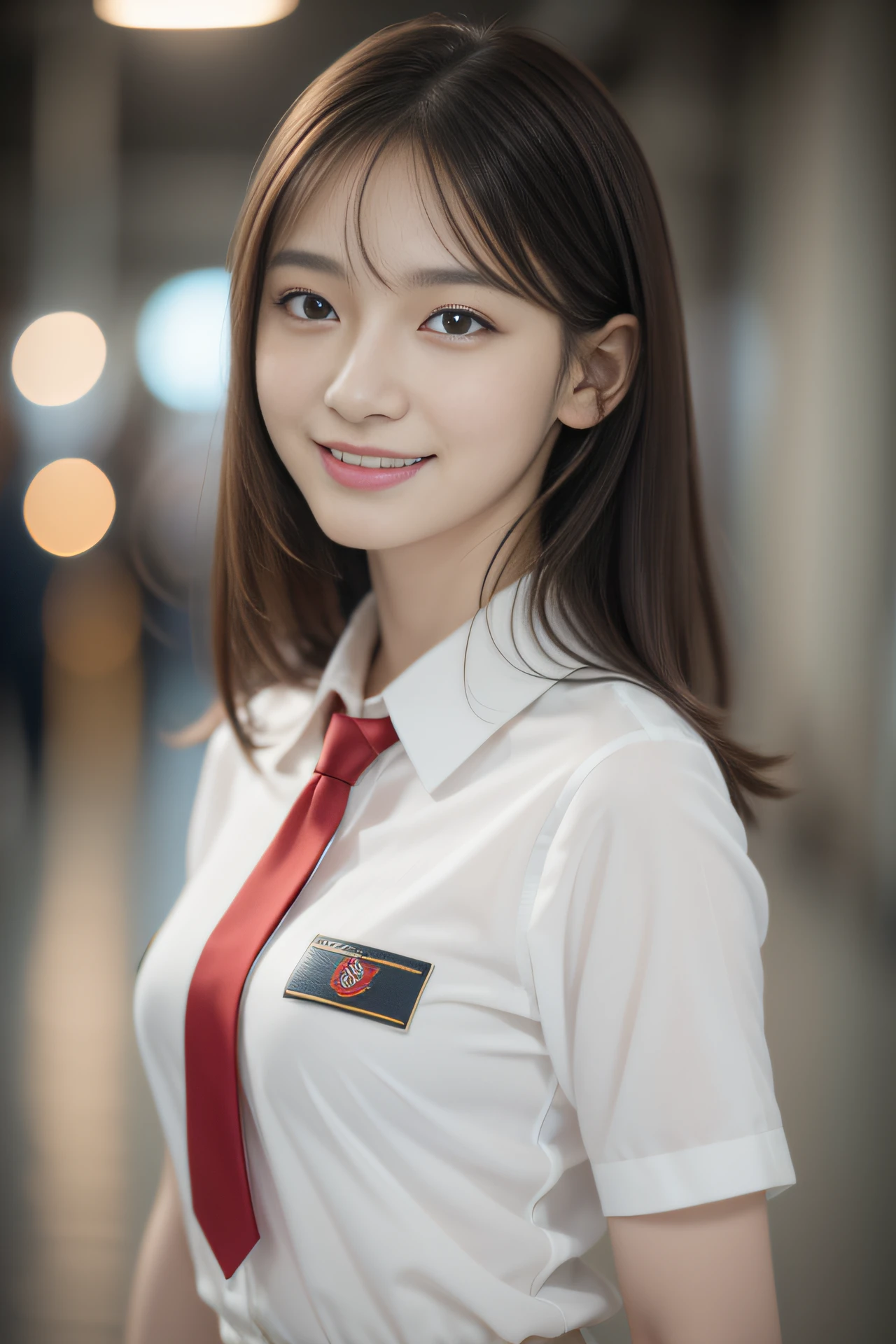 high resolution, RAW photo, photorealistic, extremely delicate and beautiful, extremely detailed, finely detail, extremely detailed CG unity 8k wallpaper, ultra-detailed, (best quality, 8k, 32k, masterpiece, UHD:1.2), Photo of Pretty Hungarian model, 1girl, solo, (17 years old), beautiful and detailed face, beautiful and clear eyes, delicate figure, medium hair, slender body, small breasts, JK uniform, white short sleeve shirt, thin red tie, looking back, smiling, walking in station platform