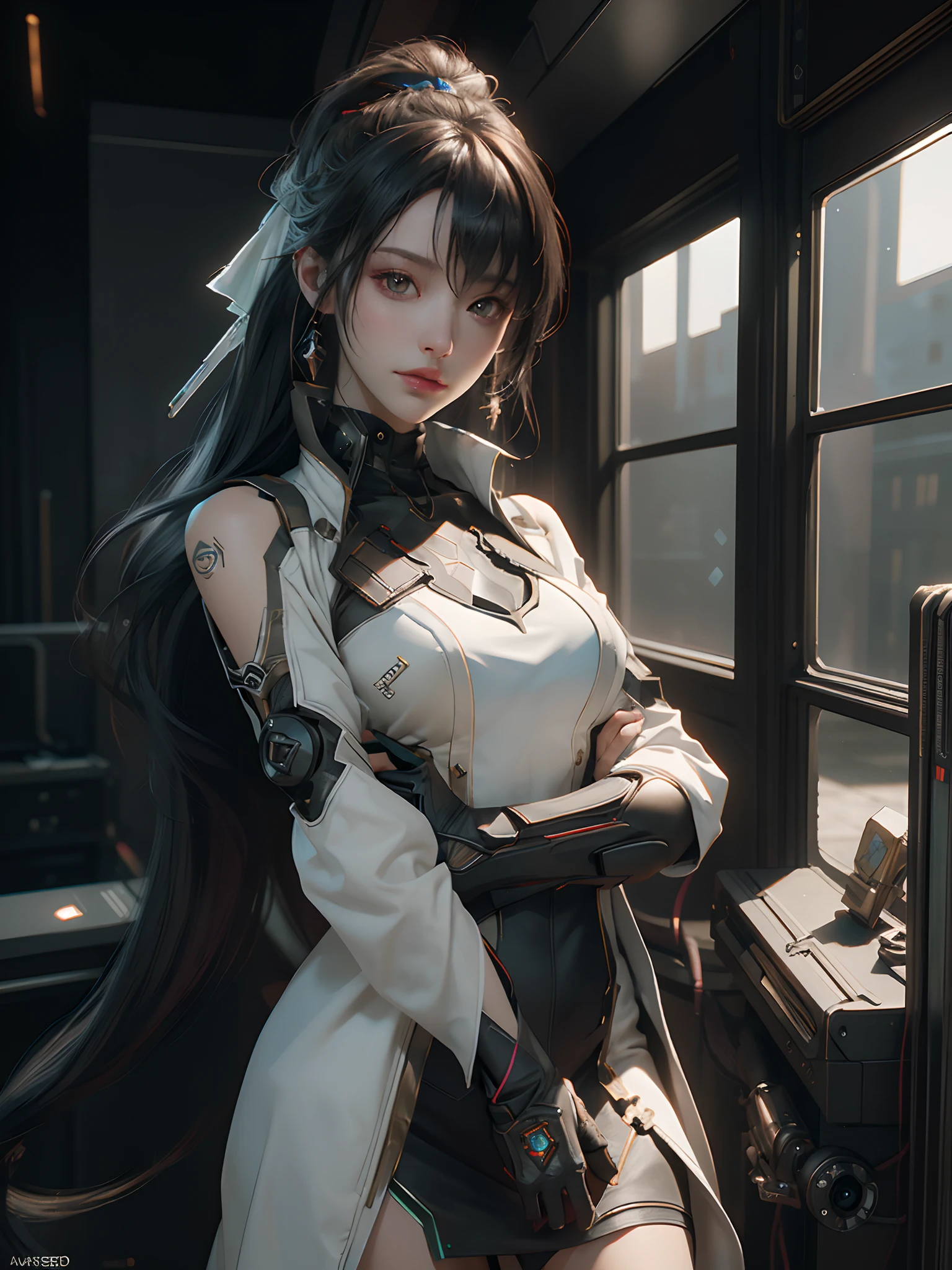 ((Best quality)), ((masterpiece)), (detailed:1.4), 3D, an image of a beautiful cyberpunk female,HDR (High Dynamic Range),Ray Tracing,NVIDIA RTX,Super-Resolution,Unreal 5,Subsurface scattering,PBR Texturing,Post-processing,Anisotropic Filtering,Depth-of-field,Maximum clarity and sharpness,Multi-layered textures,Albedo and Specular maps,Surface shading,Accurate simulation of light-material interaction,Perfect proportions,Octane Render,Two-tone lighting,Wide aperture,Low ISO,White balance,Rule of thirds,8K RAW,