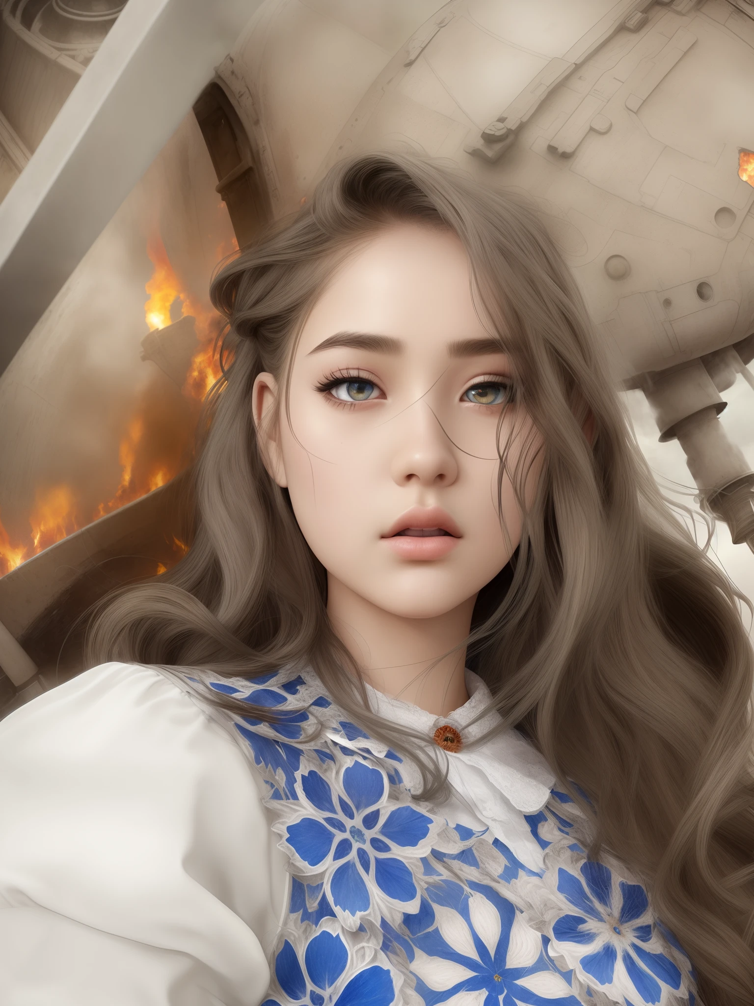masterpiece,best quality, illustration,{beautiful detailed girl},beautiful detailed glow,(flames of war:1.2),(nuclear explosion behide:1.3),rain,detailed lighting,detailed water,(beautiful detailed eyes:1.1),expressionless,palace,azure hair,disheveled hair,long bangs,hairs between eyes,(whitegrey dress:1.1),black ribbon,white bowties,midriff,big forhead,blank stare,flower,long sleeves