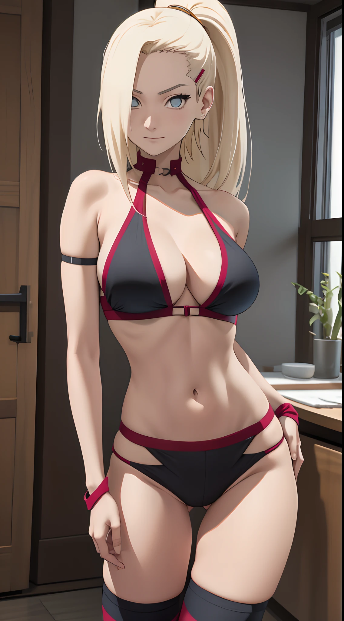 Ino yamanaka,Spaltung,smil,Rot im Gesicht sein,drinnen im Zimmer,Nahaufnahme Nahaufnahme,mit einer guten Figur,front view,standing,arms behind back,mid large breasts,sehr enge leggins,Bikini