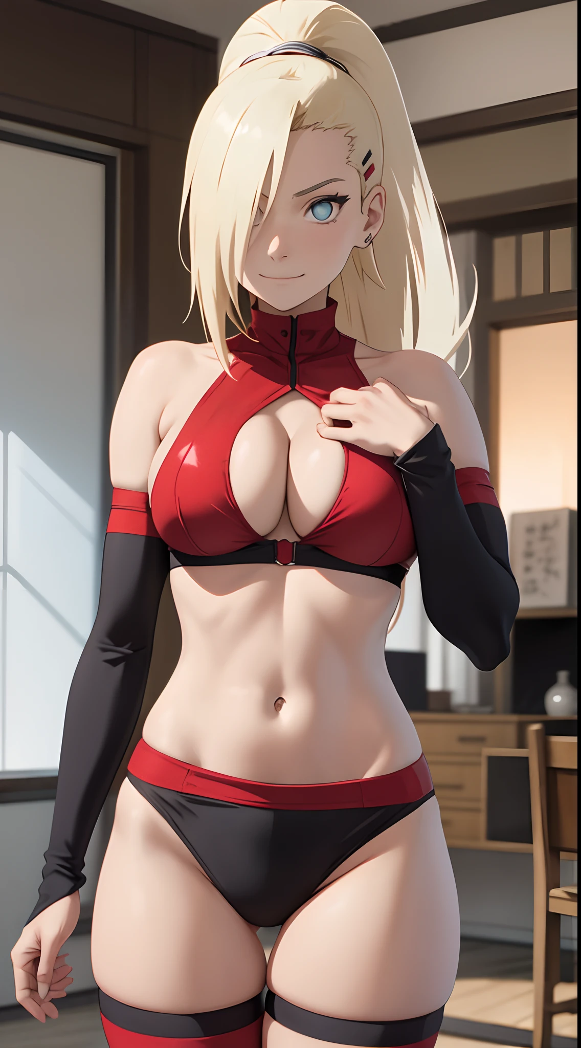 Ino yamanaka，Spaltung，smil，Rot im Gesicht sein，drinnen im Zimmer，Nahaufnahme Nahaufnahme，mit einer guten Figur,front view,standing,arms behind back,mid large breasts,sehr enge leggins,Bikini