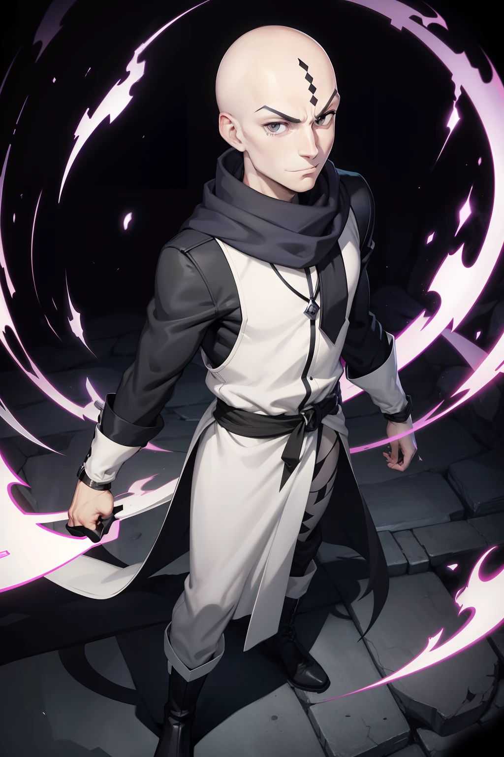 male character, gray eyes: 2:4, (((bald))), white face scars horizontally across forehead, heavy gray scarf, black trickster outfit, smirk, black boots, in a cave with scattered treasures, anime style , dynamic, full length, animation quality, anime icon, new jersey, looking at face camera, 8k, full length, best background, raw art, awesome titles, ultra HD, insane title, perfect hands