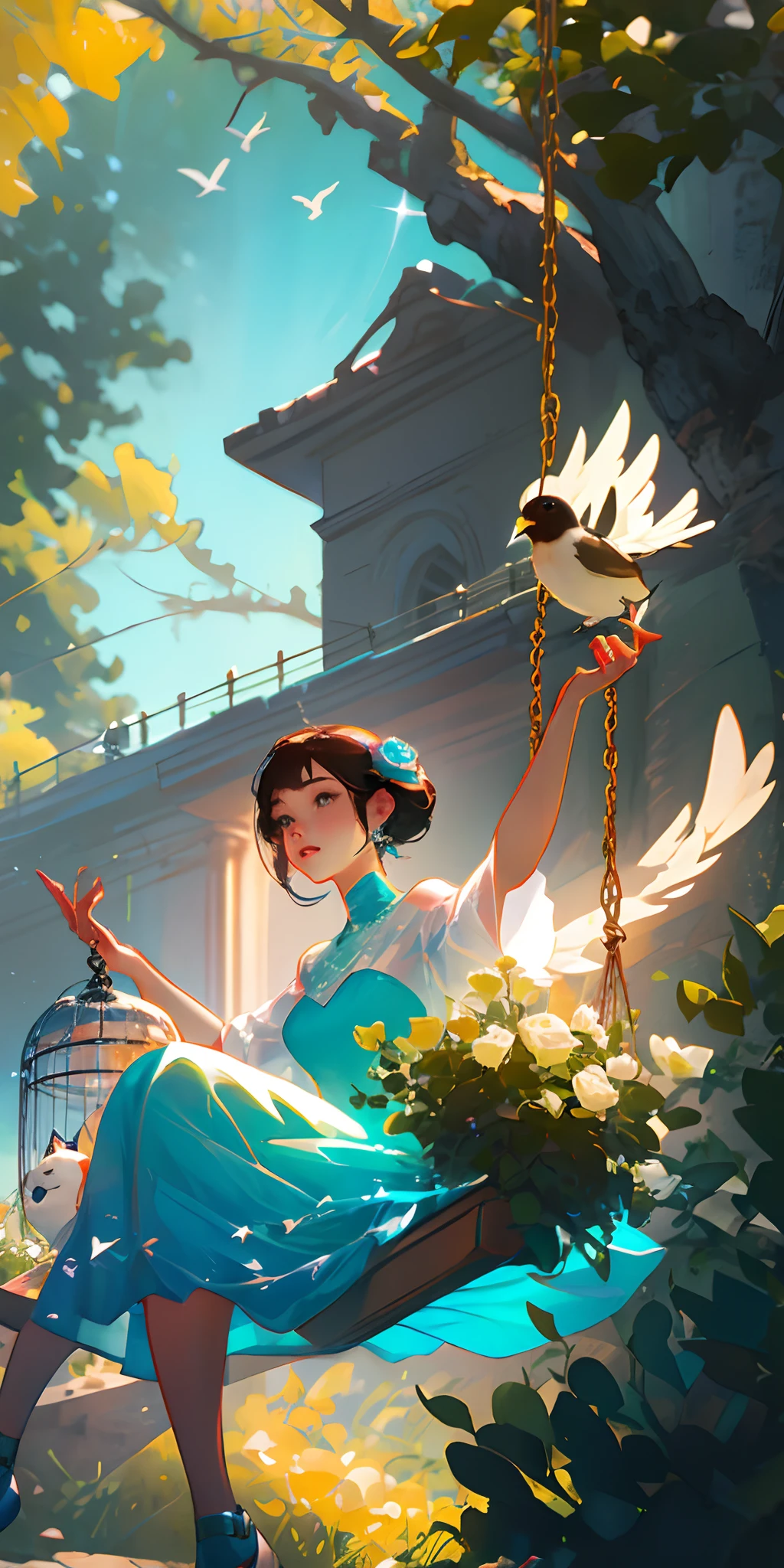 one-girl,Blue rose,bird cage,swing