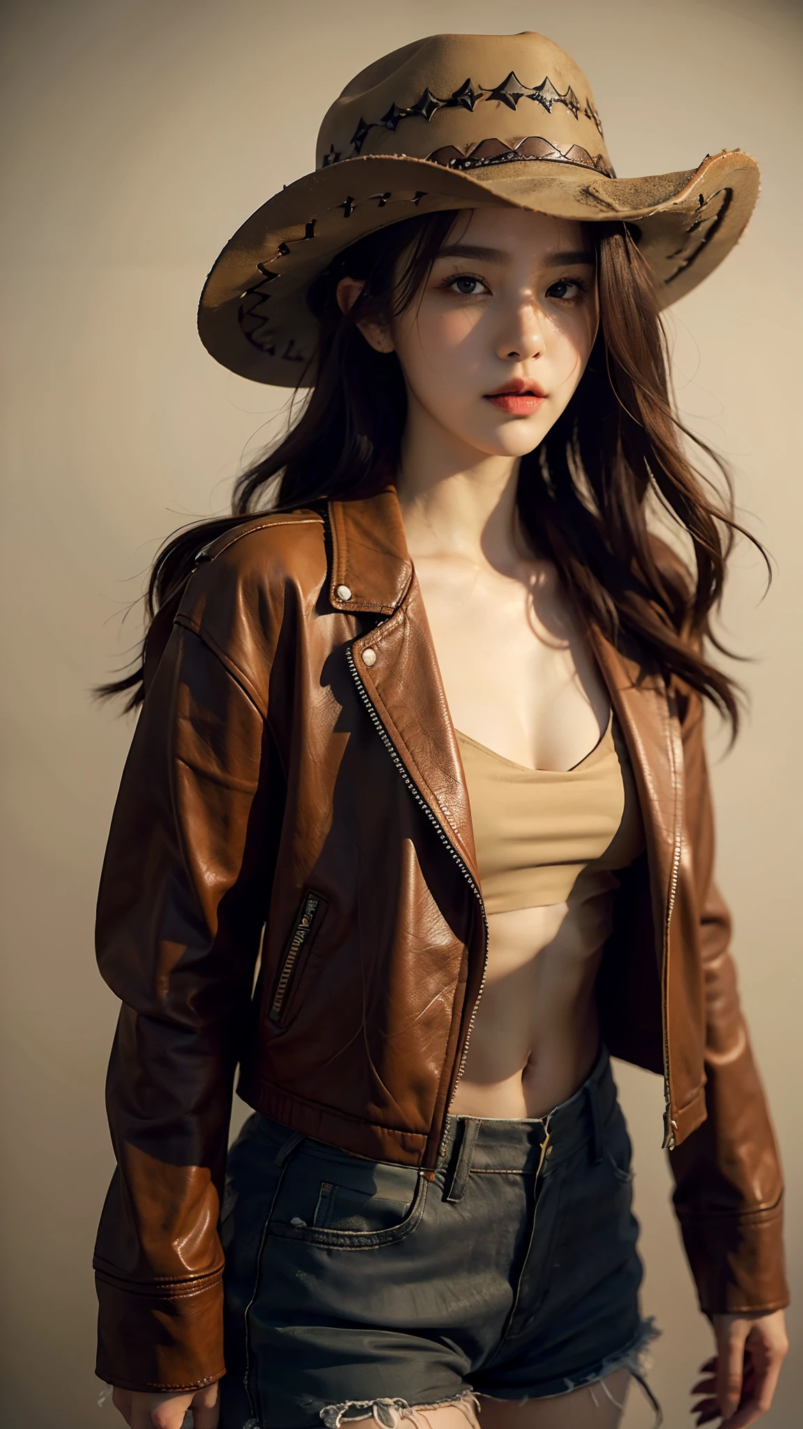 4k hltra hd, mastermiece, best quality, a girl, good face, detailed eyes, detailed lips, long hair, strait hair, wearing cowboy outfit, bare stomach, green leather jacket, cowboy hat, blurred background, morning, whole body capture,