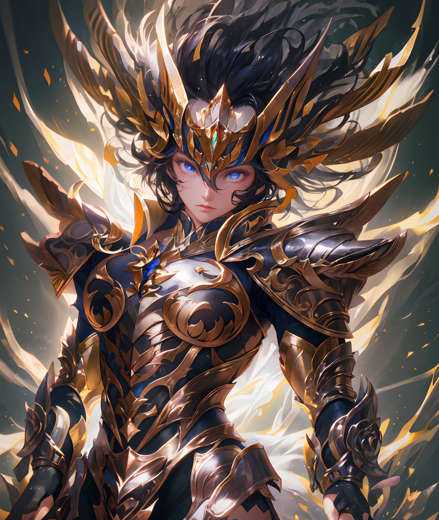 Ultra-high saturation，（tmasterpiece）， fully body photo，（best qualtiy）， （1girll）， starryskybackground，Wearing shiny gold armor， Sexy lingerie type armor，Expose your chest，Expose the waistline，Exposing thighs，cool-pose， Saint Seiya Armor， messy  hair，high detal, Anime style, Cinematic lighting, Sparkle, god light, Ray traching, filmgrain, hyper HD, textureskin, super detailing, Anatomical correct, A high resolution，Ultra-high saturation，hight contrast，High-gloss armor，Smooth skin，Serious expressions,Dark room,