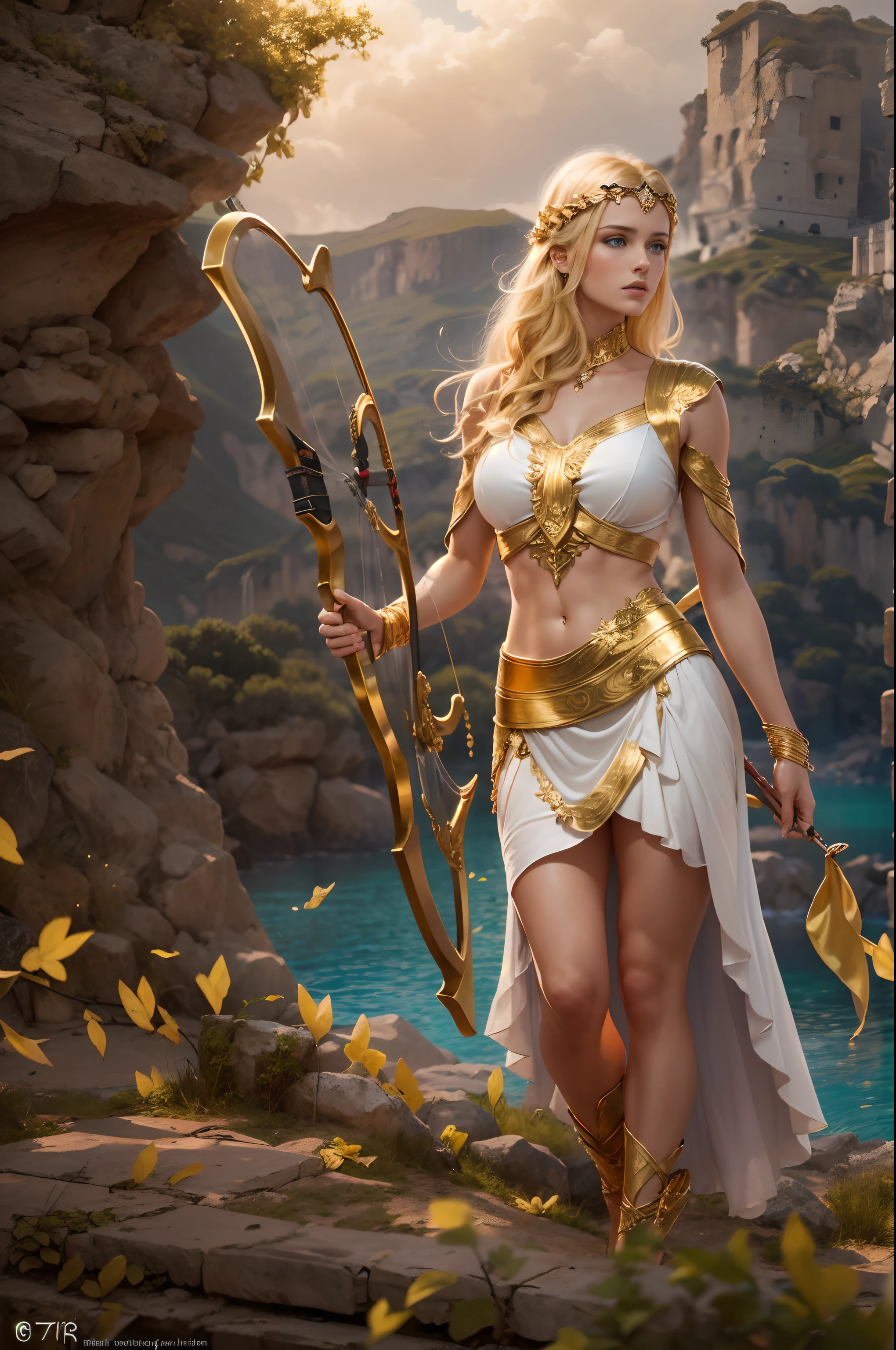 Young virgin greek goddess of wild nature and hunting, with (((Blonde hair))) and (((Blue eyes))), has amazingly and stunningly beautiful appearance, is fair-skinned, slender and tall, Shows off her perfect pair of long legs, wears {sleeveless, (Very short: 1.7), (white:1.5), Greek chitons, With golden border}, Abs, "Looks strict and determined", Holding a ((Golden bow)), archery, Patroling to protect her sanctuary from evil, Mythical Arcadian mountains and forests, Greek mythology, vibrant and lively atmosphere, Photorealiatic, Hyper-Realism, ultra-quality, Super Detail, ultra accurate description of hands, masterpiece, 8K, HDR