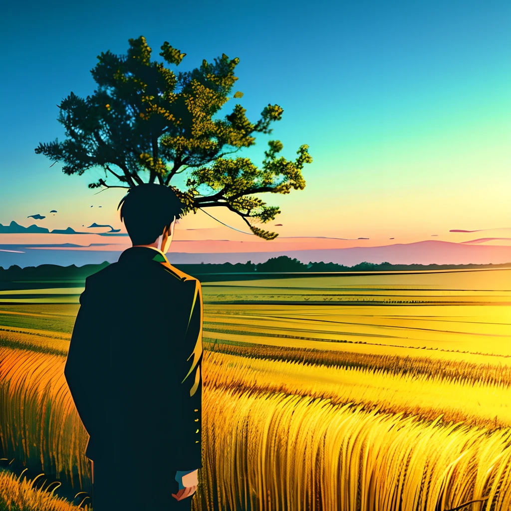 Close-up of a man standing next to a tree in a field, Very lonely。Looking out at the endless fields，It looks very sad
