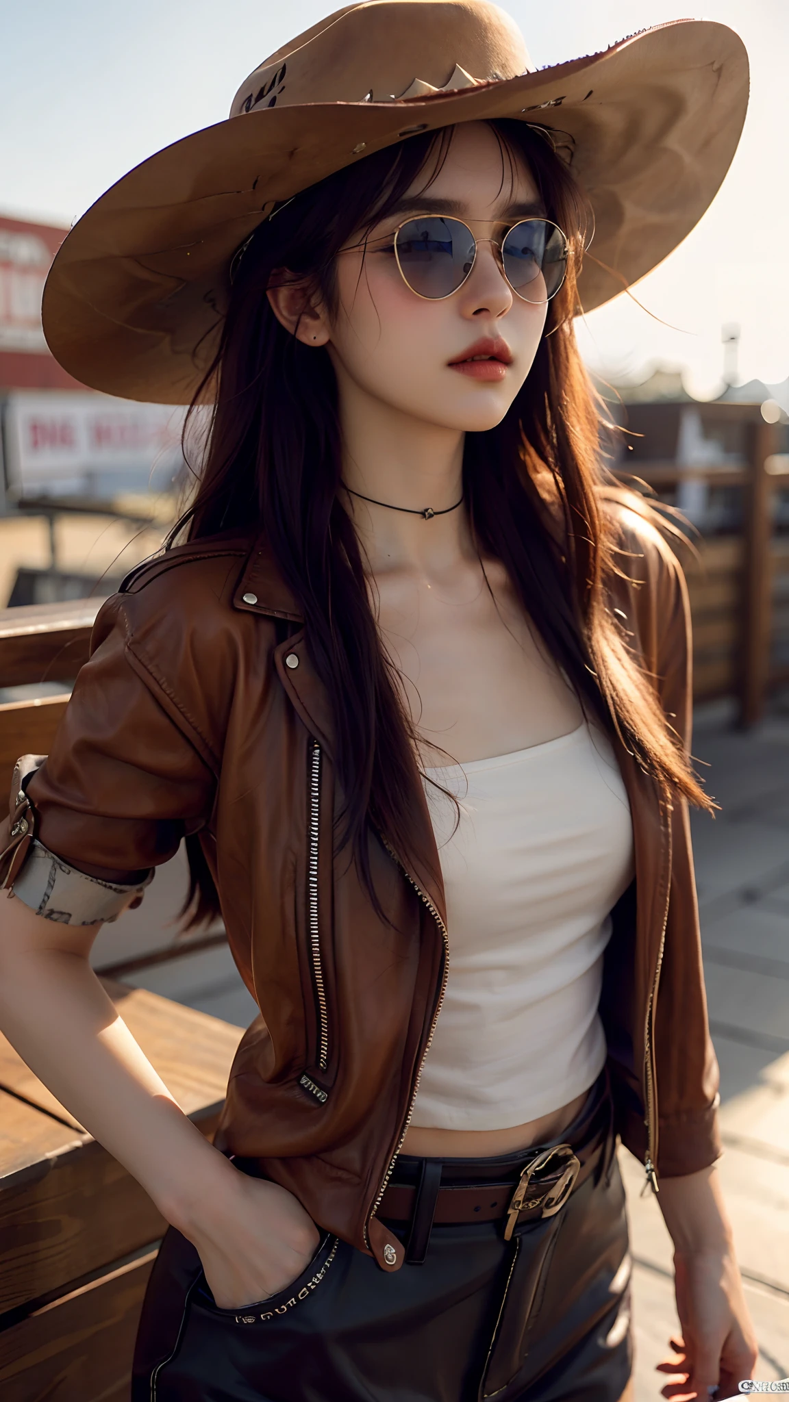 4K ultra hd, best quality, a girl, good face, sun glasses, detailed lips, long hair, straight hair, wearing cowboy outfit, leather outfit, cowboy hat, blurred background, relaxed atmosphere, whole body capture,