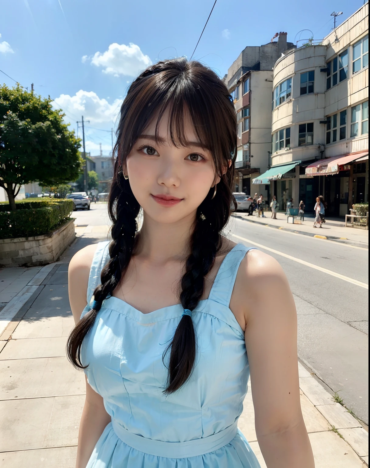 a woman posing on the street corner with light blue dress on, best quality, 1girl, large breasts, day, bright, blur background, bokeh, outdoor, (street:0.8), (people, crowds:1), (lace-trimmed dress:1.5, sleeveless dress, light blue clothes, light blue high-neck dress:1.2, blue dress: 1.5), gorgeous, (braided bangs:1.5), beautiful detailed sky, earrings, (dynamic pose:0.8), (upper body:0.8), soft lighting, wind, shiny skin, looking at viewer,
