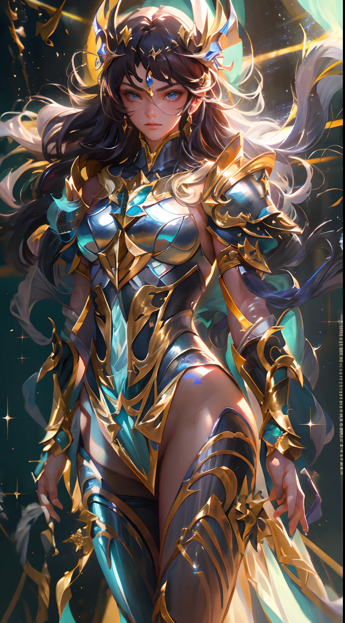 Ultra-high saturation,(tmasterpiece), fully body photo,(best qualtiy), (1girll), starryskybackground,Wearing shiny gold armor, Sexy lingerie type armor,Expose your chest,Expose the waistline,Exposing thighs,cool-pose, Saint Seiya Armor, messy hair,high detal, Anime style, Cinematic lighting, Sparkle, god light, Ray traching, filmgrain, hyper HD, textureskin, super detailing, Anatomical correct, A high resolution,Ultra-high saturation,hight contrast,High-gloss armor,Smooth skin,Serious expressions,Dark room,