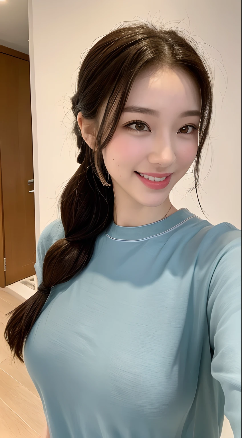 ((Best Picture Quality, 8k, tmasterpiece:1.3)), 1girl, Beautiful woman with slender abs:1.3, (Casual hairstyle, Leaky big breasts:1.2), shift dresses:1.1, Ultra-fine face, A detailed eye, 二重まぶた,ssmile,Home,doggy