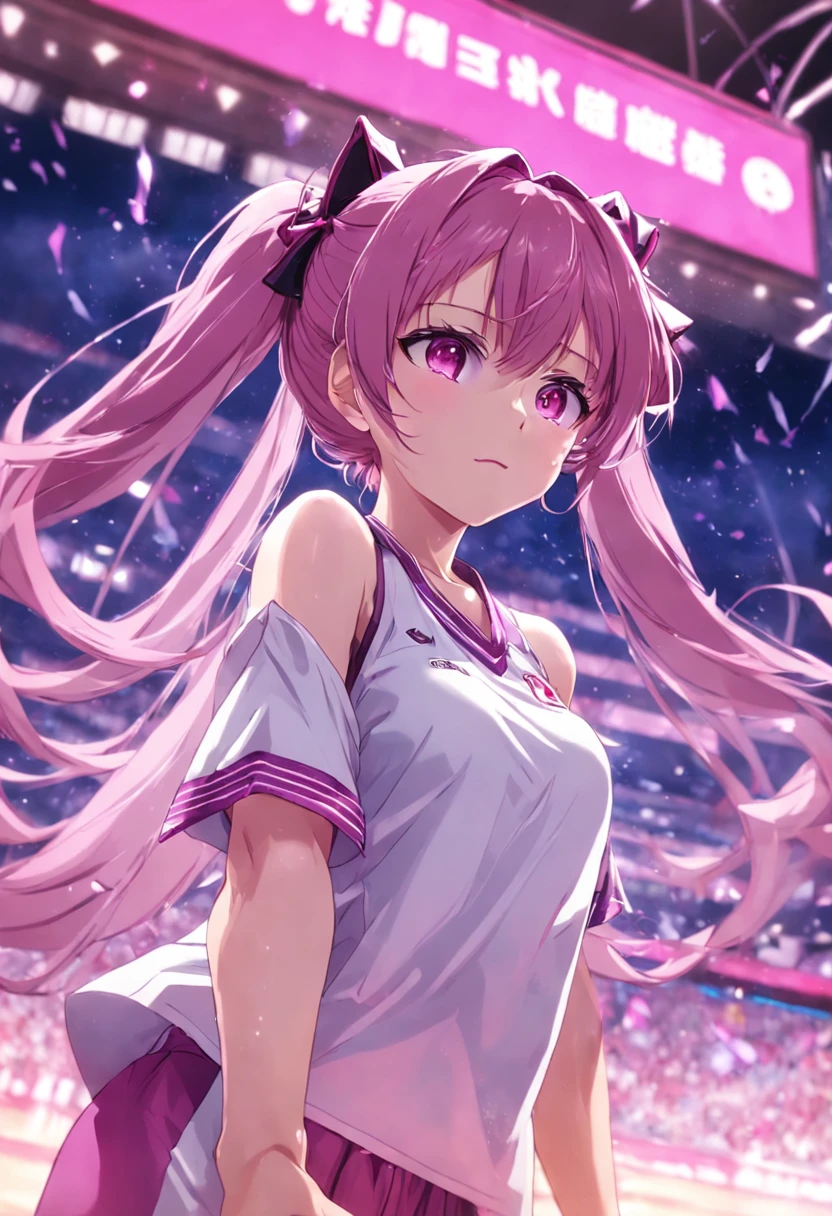 Keqing，Pretty girl anime pictures，Wearing a white jersey，Twin screw pack，Deep purple double ponytail，Fuchsia diamond-shaped pupil，Shooting，Under the basket，4K，seminude