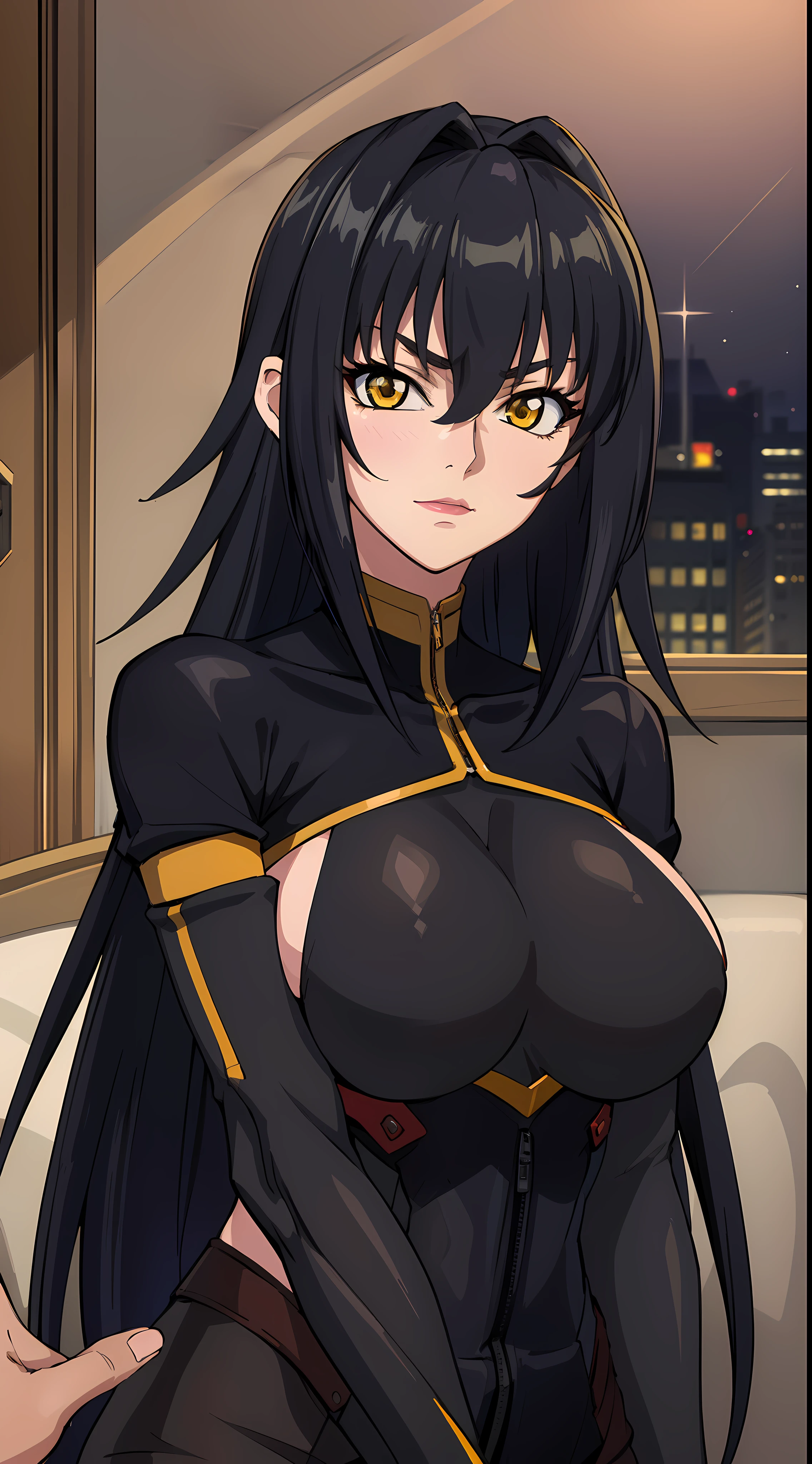 professional artwork, Intricate Details, field of view, sharp focus, detailed painting, photorealistic lighting, trending on pixiv,(masterpiece:1.0),(best_quality:1.0), ultra high res, ultra-detailed, photography, 8K, HDR, highres, absurdres:1.2, Kodak portra 400, film grain, sharp focus, bokeh:1.2, lens flare, (vibrant_color:1.2), (((indoors, dark night district))), Annerose, 1girl, female mature, ((long hair, only black hair:1.4)), (yellow eyes), large breasts, ((full dressed)), skin tight, hair intakes, (1girl:1.4, solo:1.4), (upper body, half body shot, mature body), caring expression