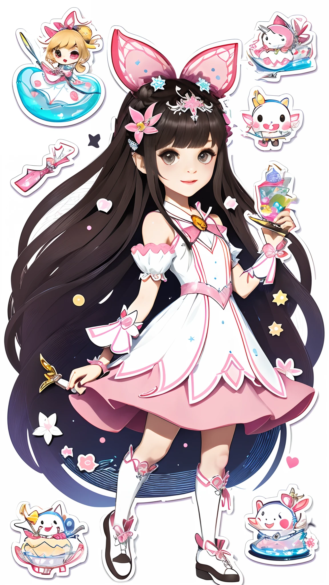 a close up of a cartoon character with various items, small curvy loli, white themed, sticker sheet, full body commission for, detailed fan art, style of magical girl, loli in dress, fantasy sticker illustration, decorations inspired illustrations, red transparent jelly, cute art style, small loli girl, pink toned, sticker illustration, beautiful ribbons surrounded, white border