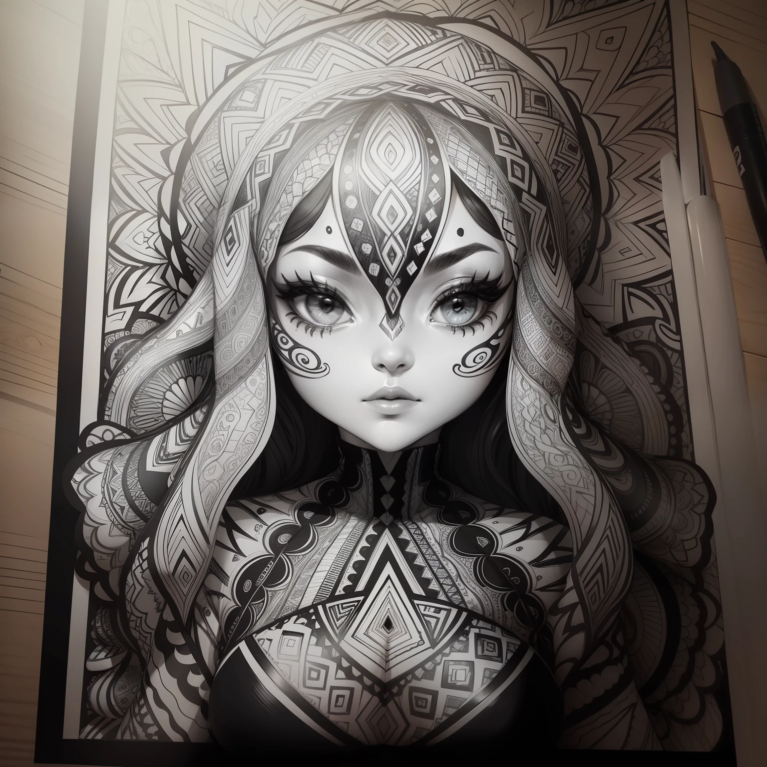 Zentangle, coloring book illustratio, black and white, fine line art, fine line drawing (brains), Eduardo Kobra acolchoamento ,multidimensional geometric PORTRAIT wall, arte, chibi,
yang08k, lindo, colorido, obras-primas, qualidade superior, melhor qualidade, arte oficial, beautiful and aesthetic,