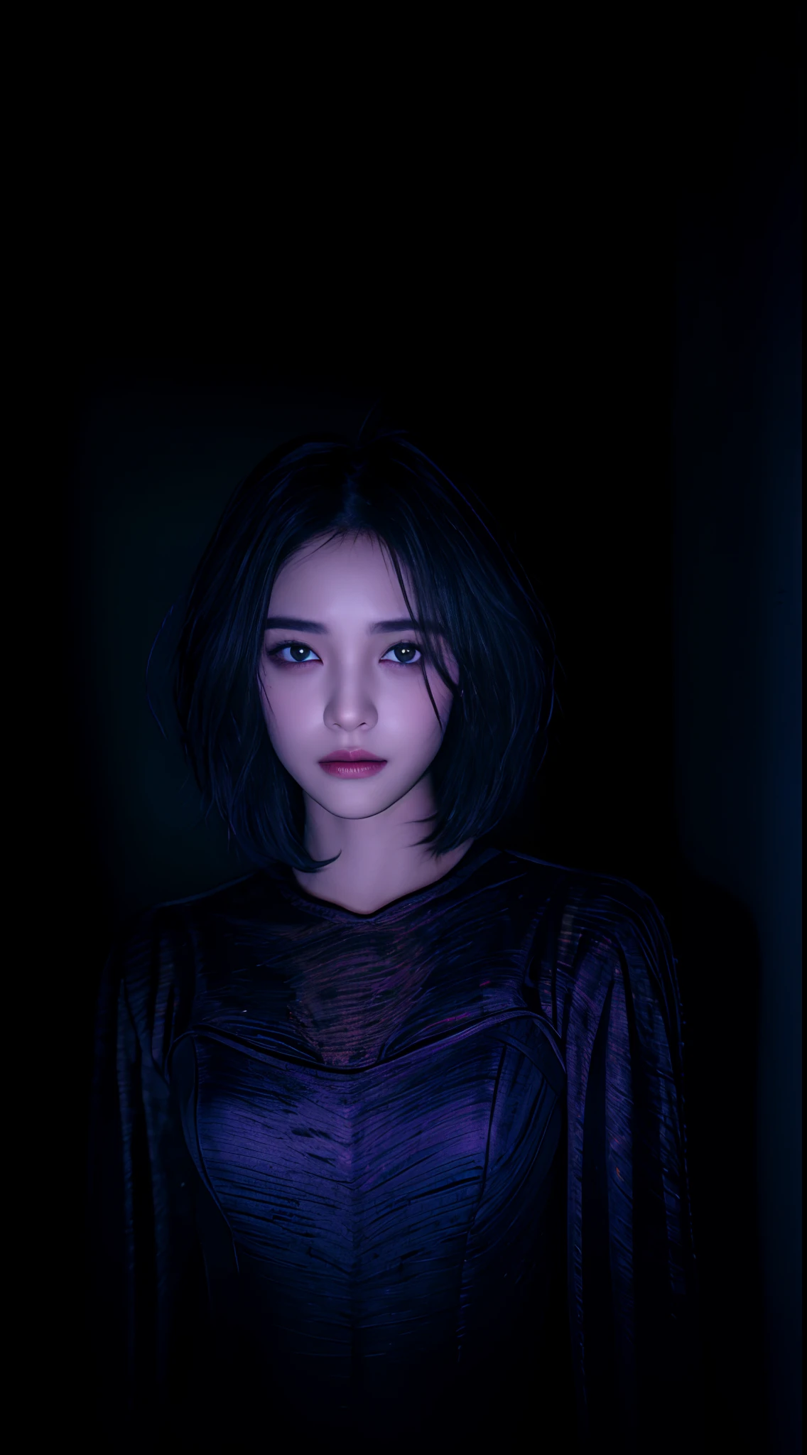 (RAW photo, best quality), (realistic, photo-realistic:1.2), 1girl, high quality, (high detailed skin:1.4), puffy eyes, gorgeous hair,  teal and purple cinematic lit,(dark room:1.3), (rim lighting:1.3), (dimly lit:1.3), (dark night:1.3), indoors, portrait, black hair, dark background, short hair,