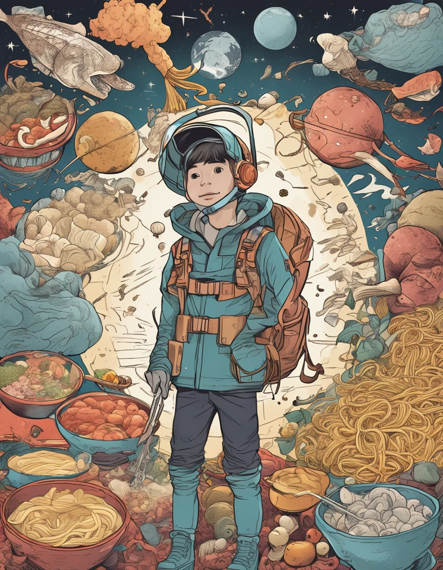 A teenager dressed in an explorer's costume flies in the sky,Surrounded by a universe of noodles and various ingredients,These long noodles are like floating milky ways,Various ingredients surround it。Teenager holding map,An illustration that is about to solve various puzzles related to noodle cuisine。