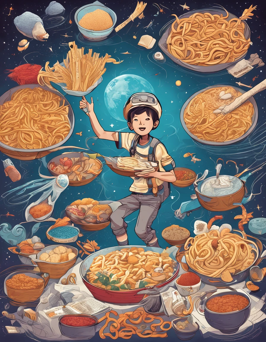 A teenager dressed in an explorer's costume flies in the sky,Surrounded by a universe of noodles and various ingredients,These long noodles are like floating milky ways,Various ingredients surround it。r holding map,An illustration that is about to solve various puzzles related to noodle cuisine。